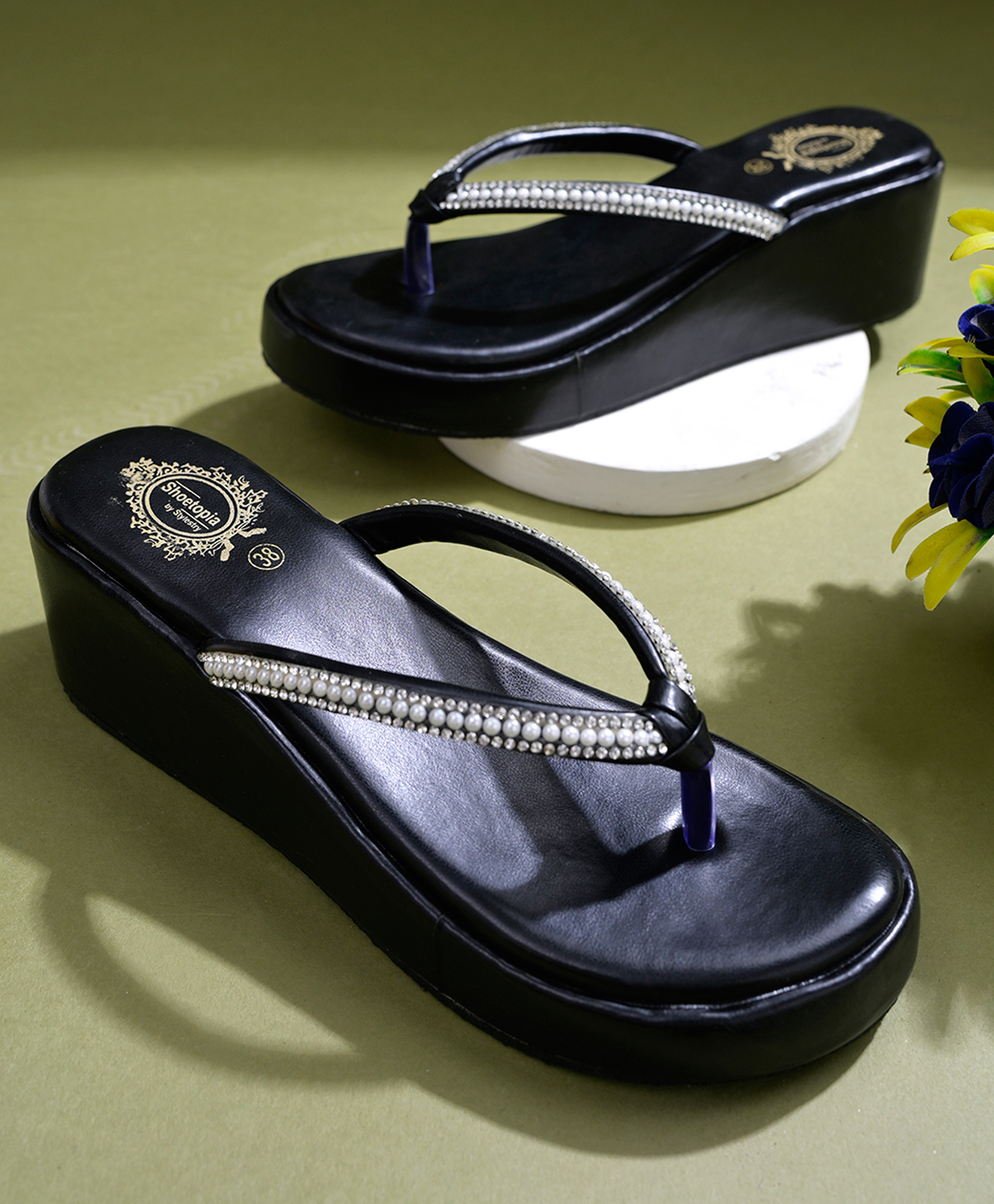 Shoetopia Rhinestones & Pearls Embellished Slip On Sandals - Black-picture-10