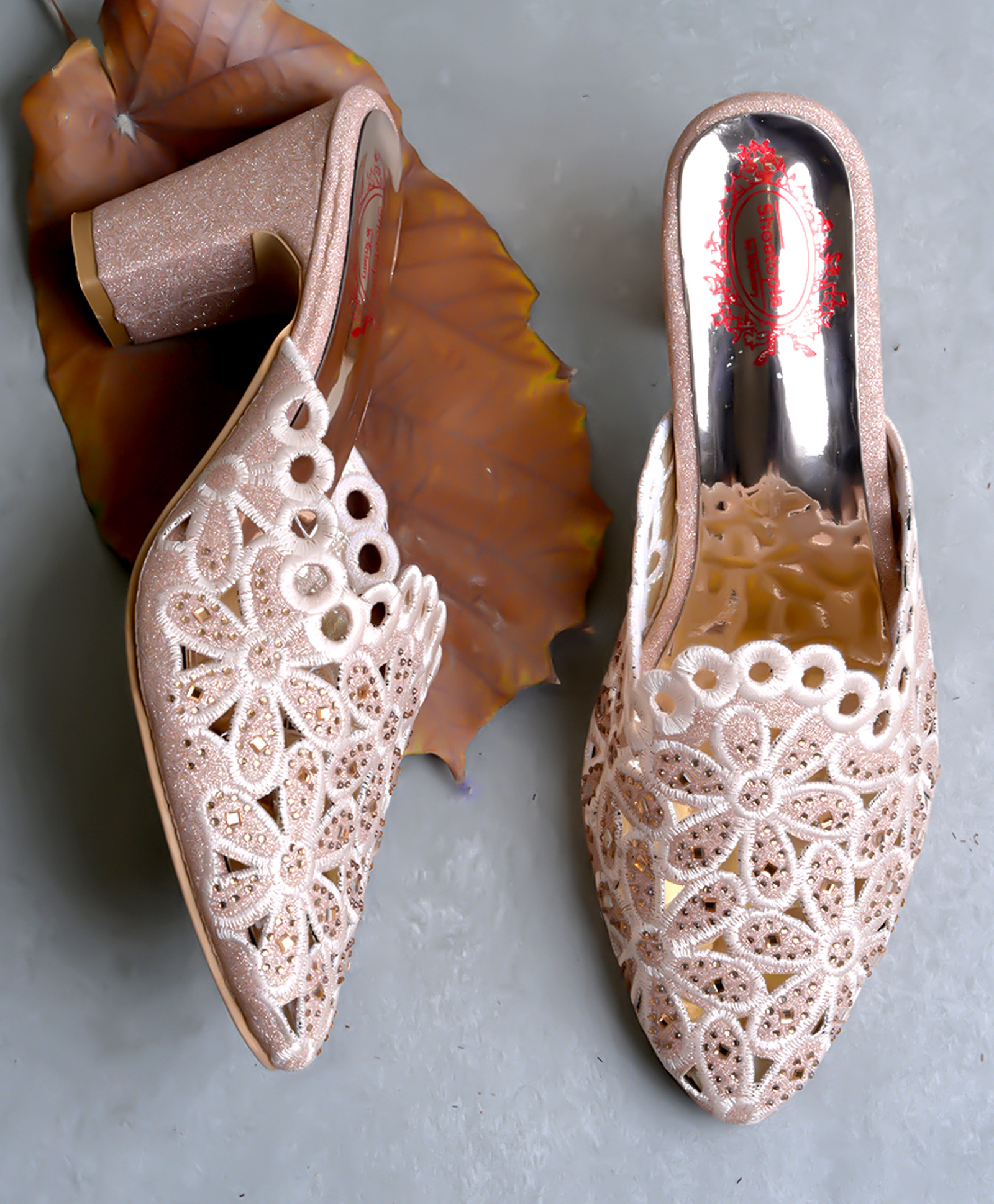 Shoetopia Stones Embellished Floral Designed Heeled Mules - Pink-picture-18