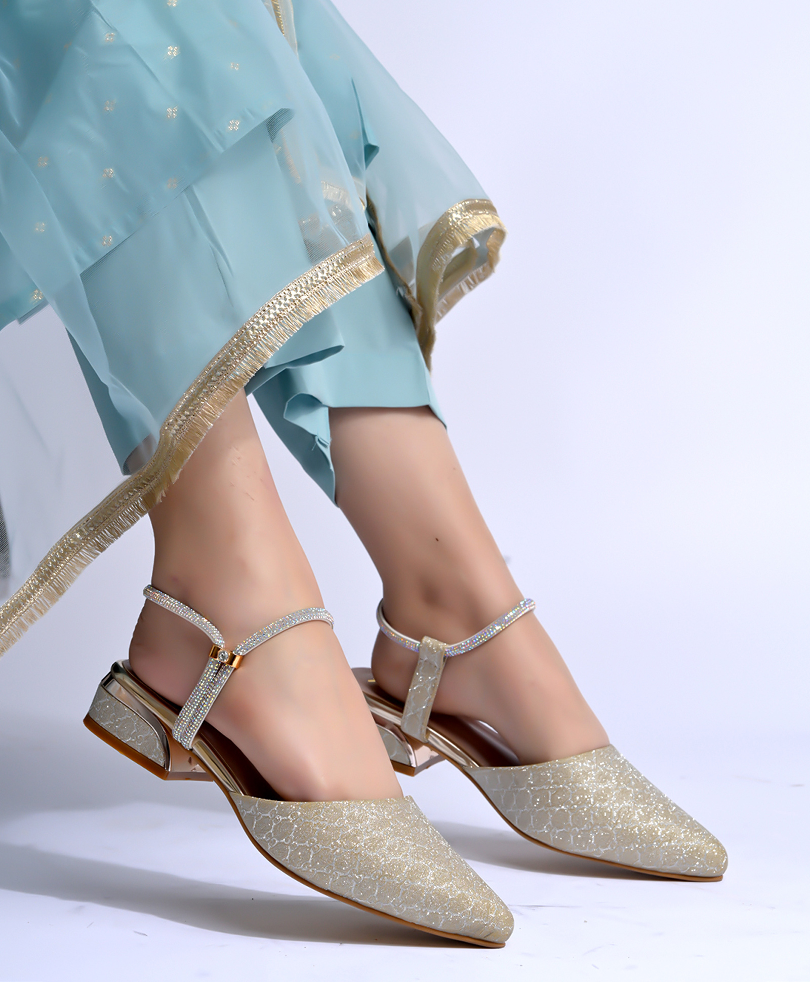 Shoetopia Shimmer Detailed Stone Embellished Sandals - Golden-picture-23