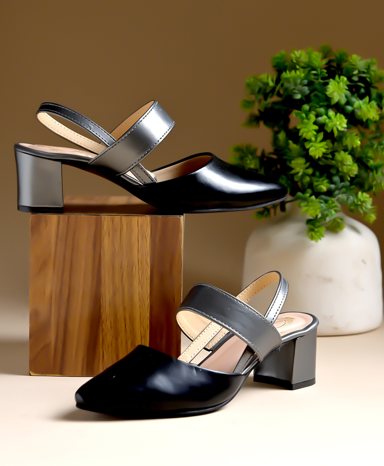Shoetopia Dual Tone Pointed Slingback Colour Blocked Block Heels - Black-picture-27