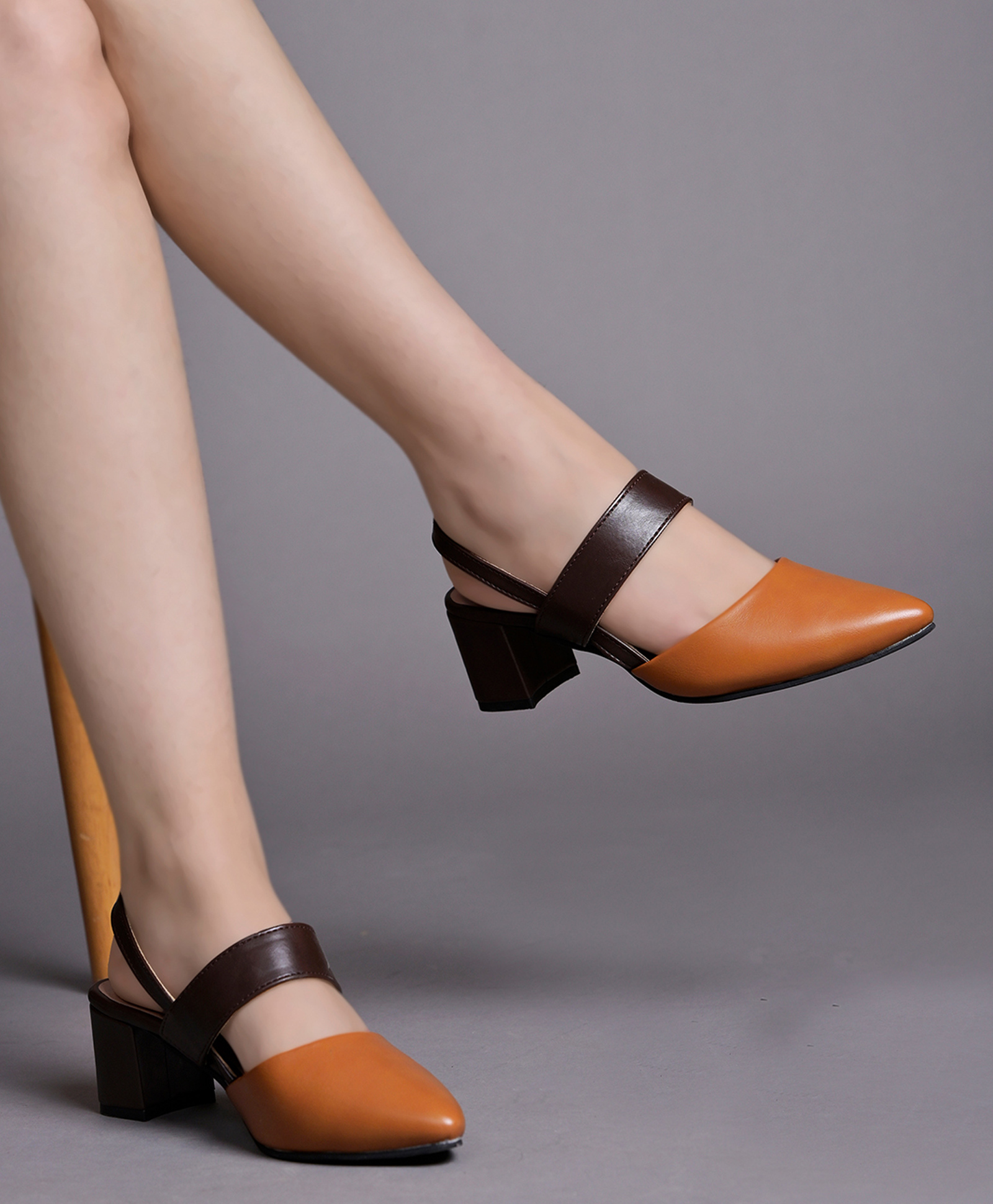 Shoetopia Dual Tone Pointed Slingback Colour Blocked Block Heels - Tan-picture-20