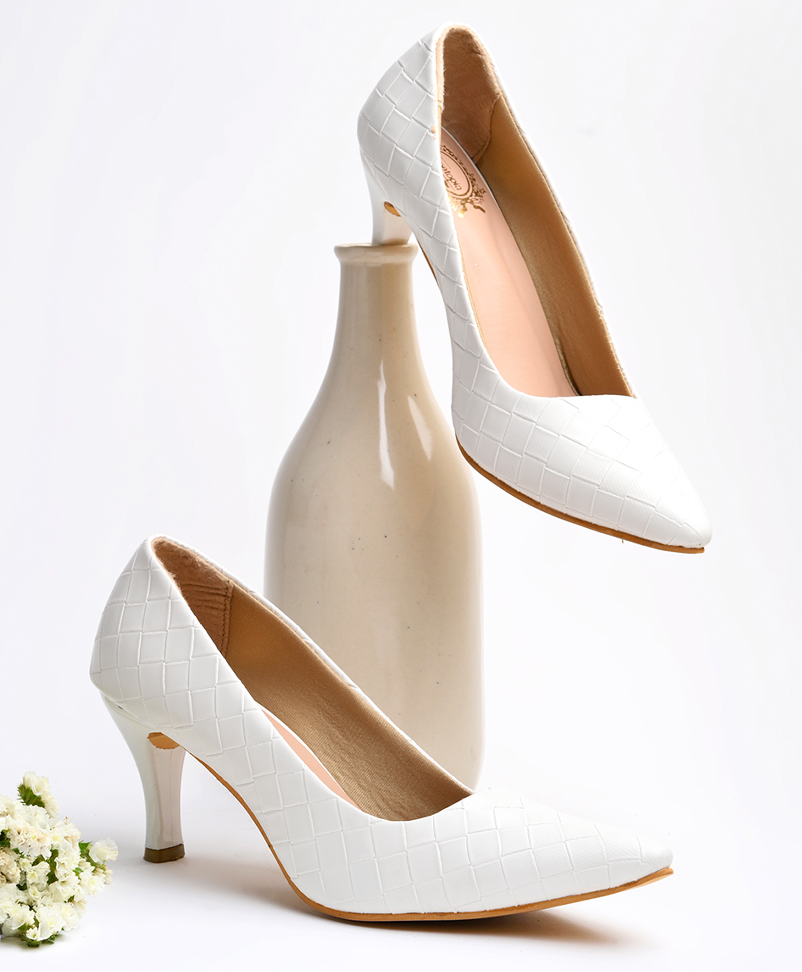 Shoetopia Embossed Diamond Pattern Classic Pumps - White-image-32