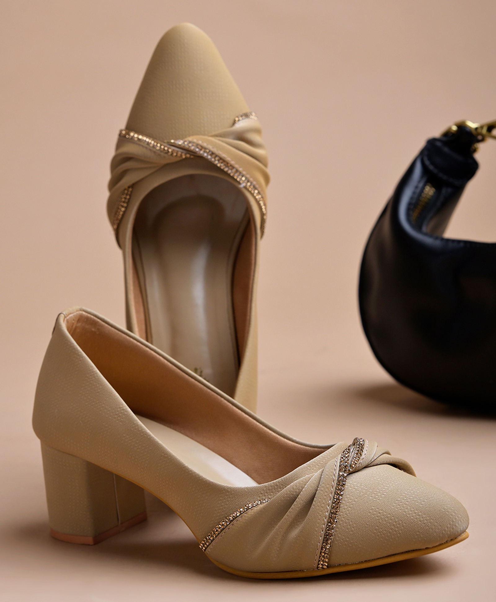 Shoetopia Ruched Vamp & Rhinestone Embellished Block Heels - Beige-image-3