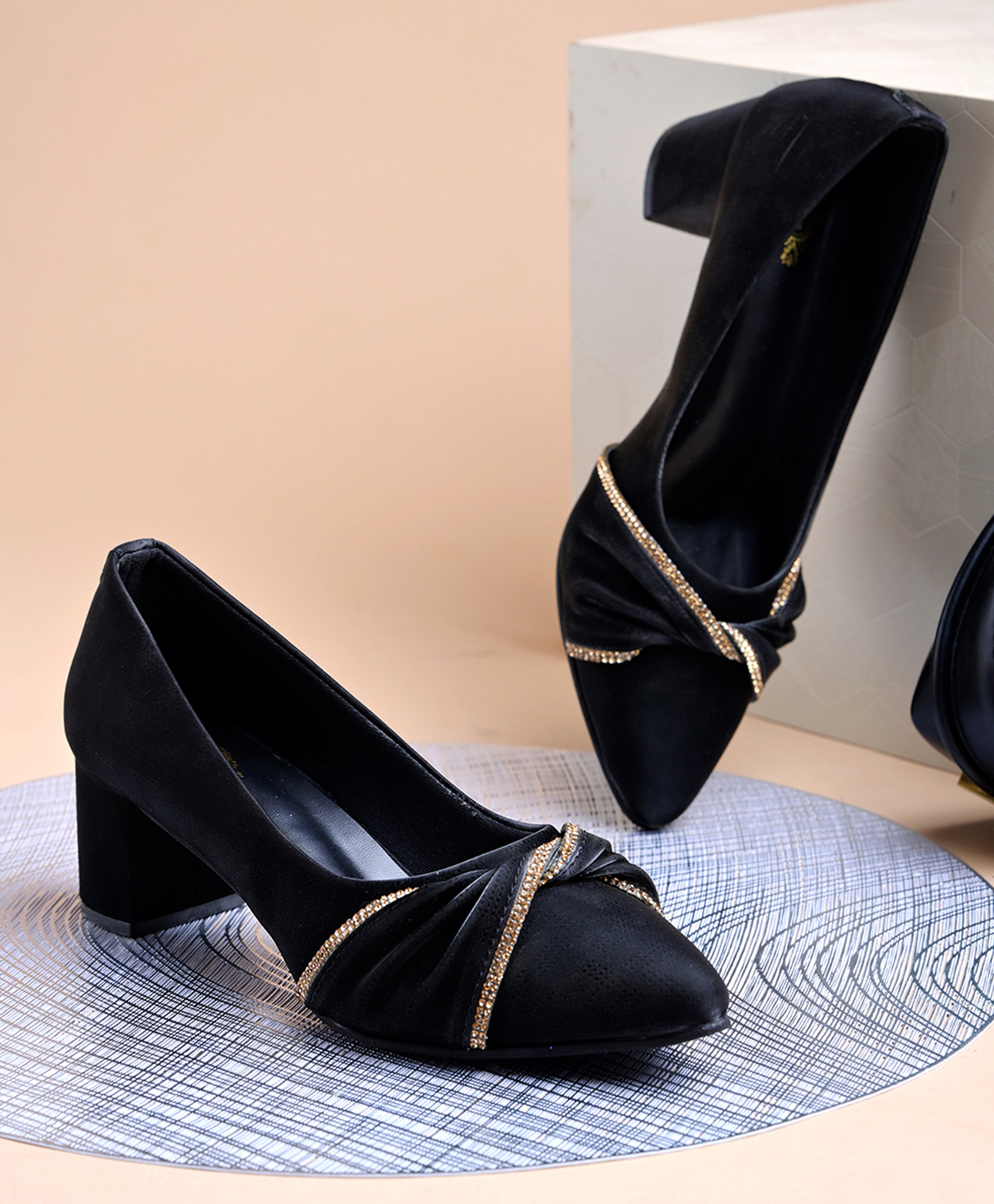 Shoetopia Ruched Vamp & Rhinestone Embellished Block Heels - Black-picture-28