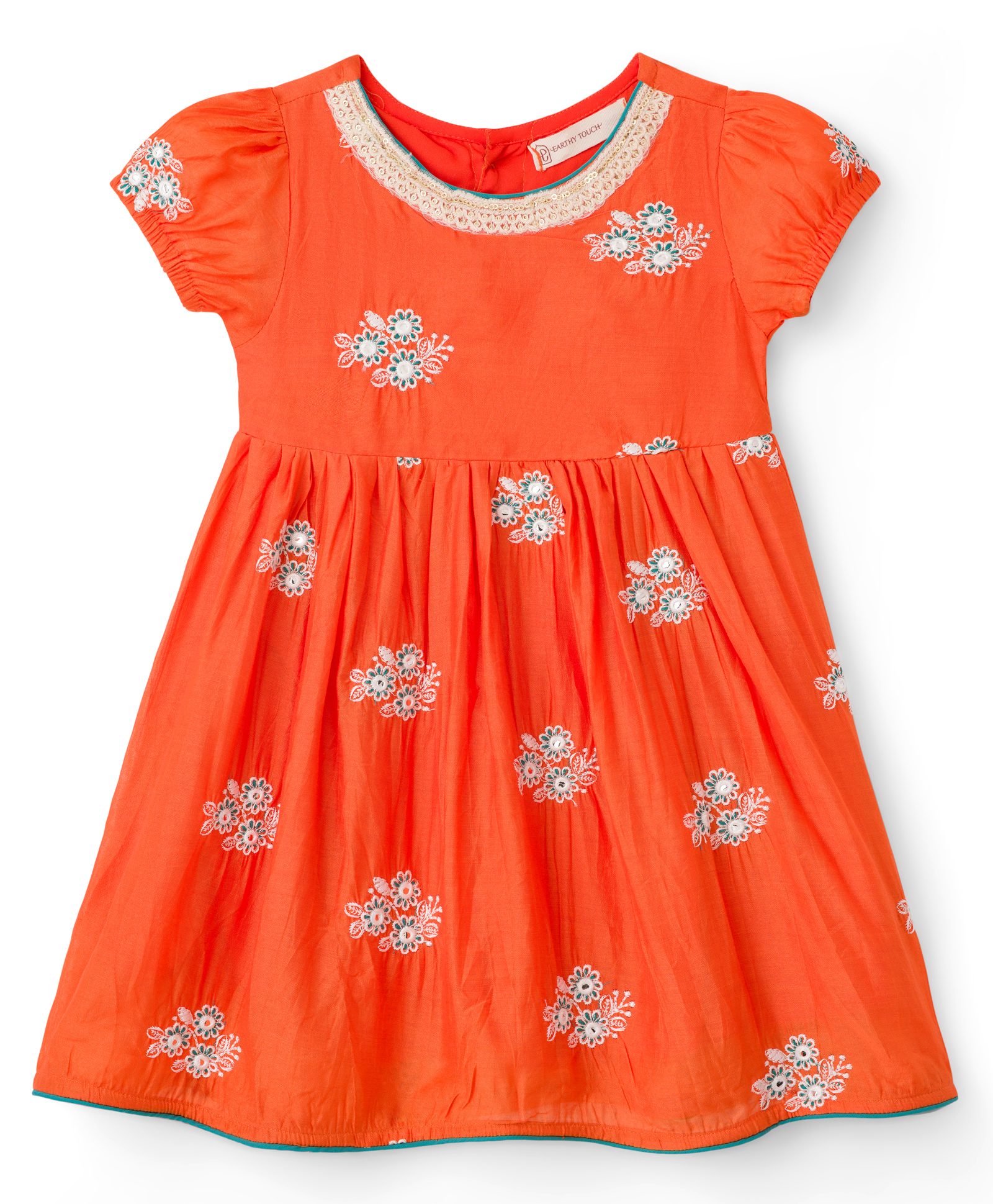 EARTHY TOUCH Woven Half Sleeves Floral Embroidered Ethnic Dress - Coral Orange-image-35