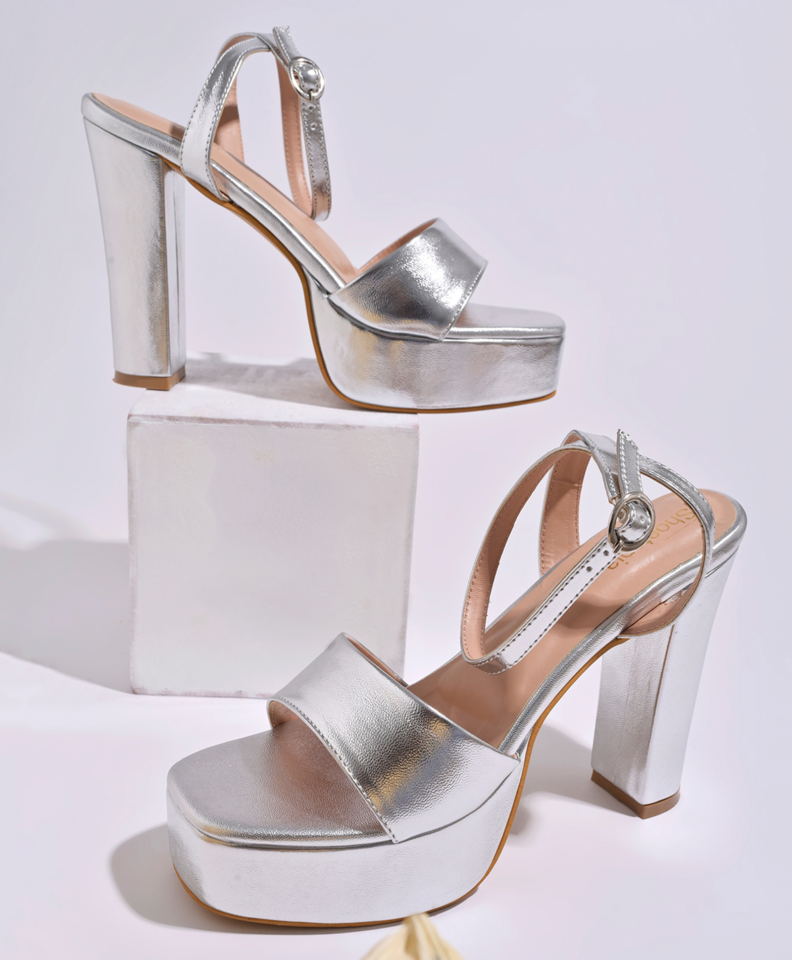 Shoetopia Ankle Strap Closure Solid Platform Block Heel - Silver-image-36