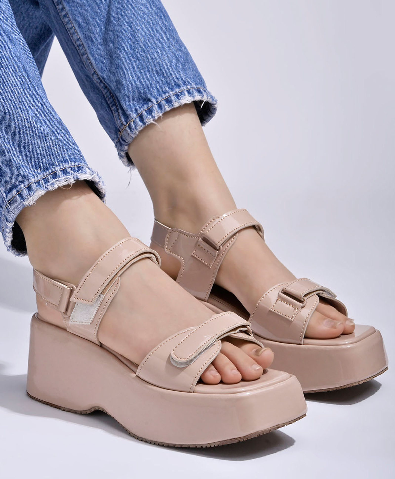 Shoetopia Solid Velcro Closure Platform Sandals - Peach-picture-37