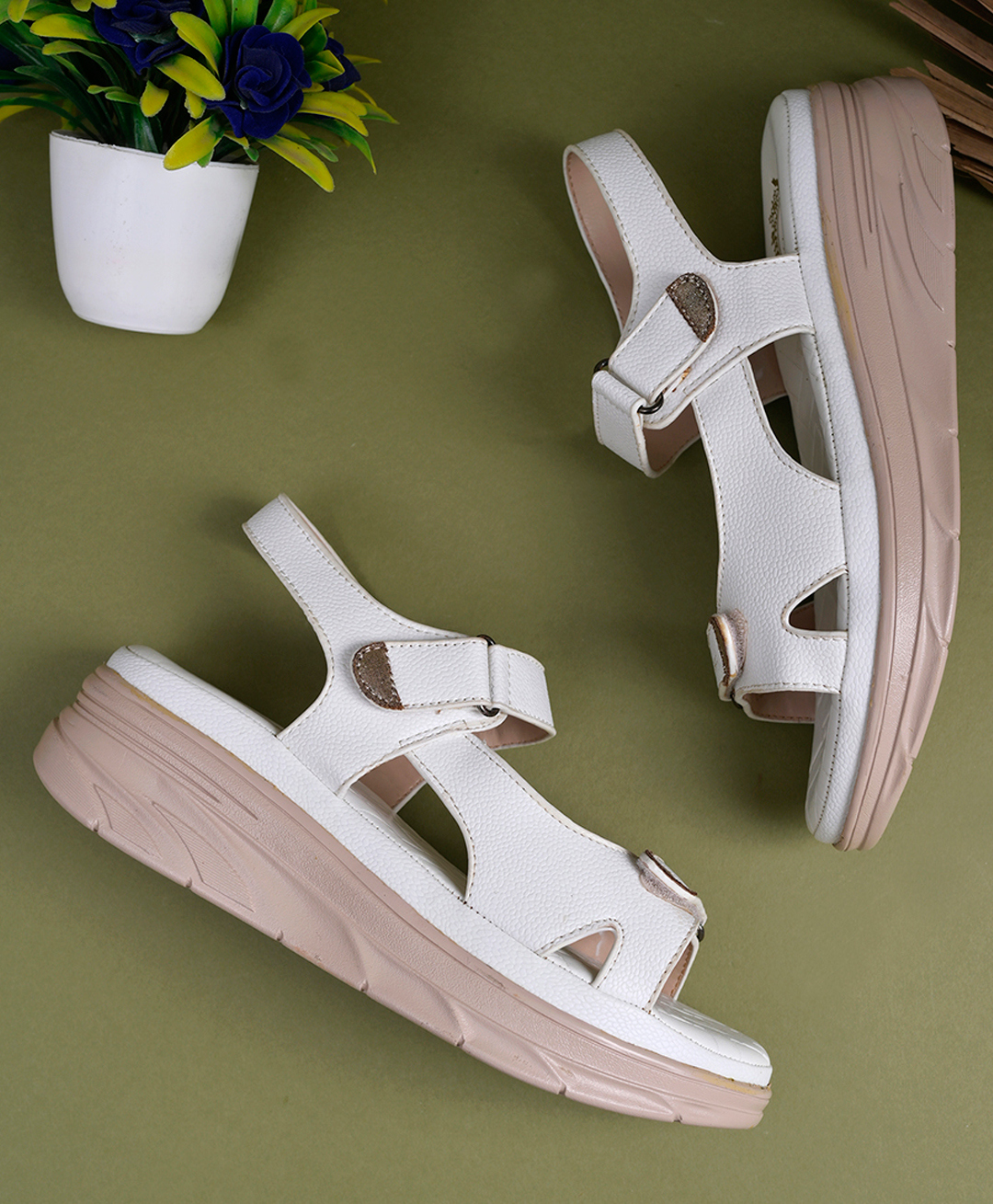 Shoetopia Velcro Strap Closure Solid Platform Sandals - White-picture-26