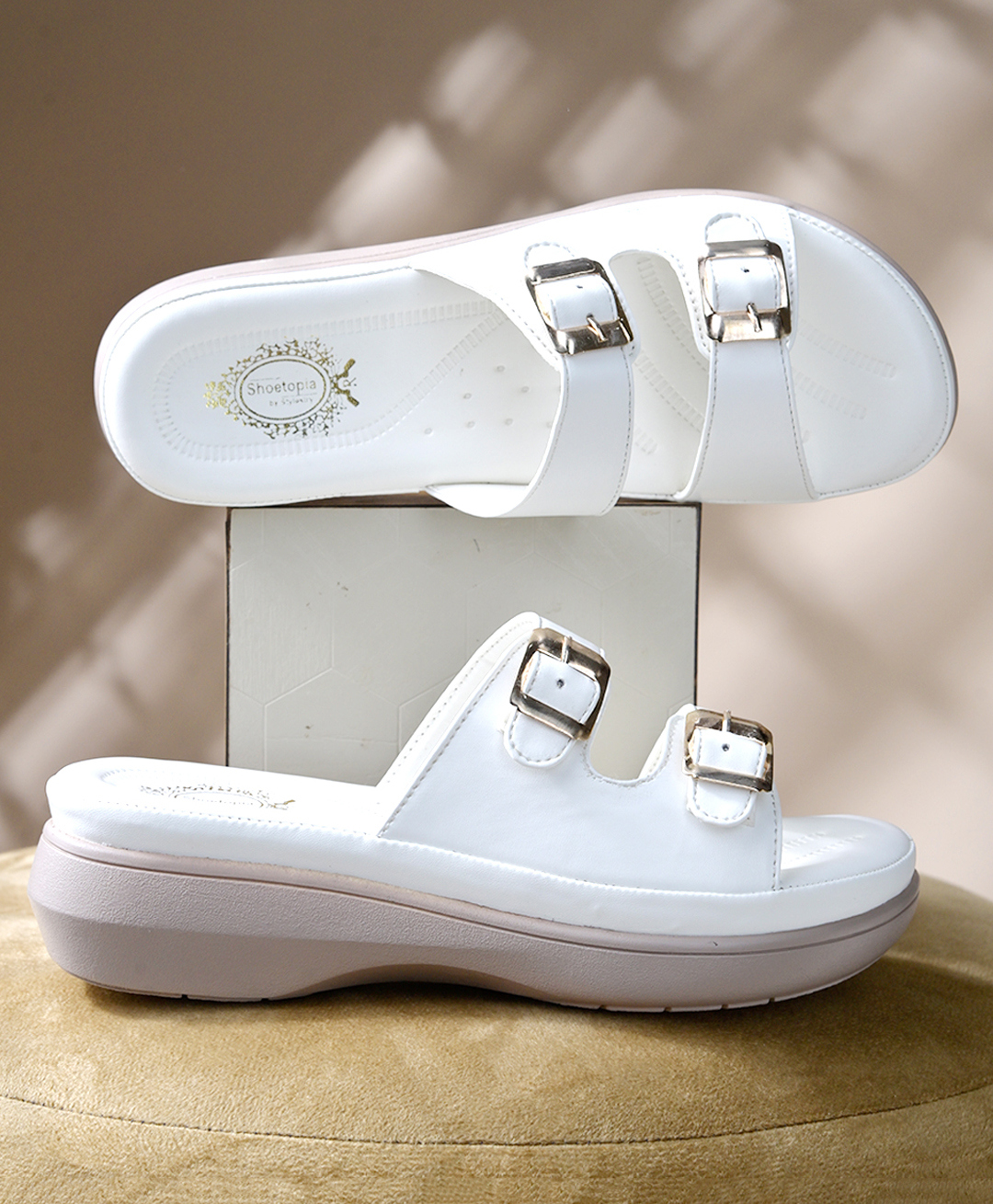 Shoetopia Buckle Detailed Slip On Sandals - White-picture-17
