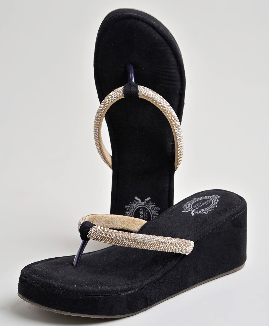 Shoetopia Platform Wedge Stone Embellished Strap Sandals - Golden-picture-10