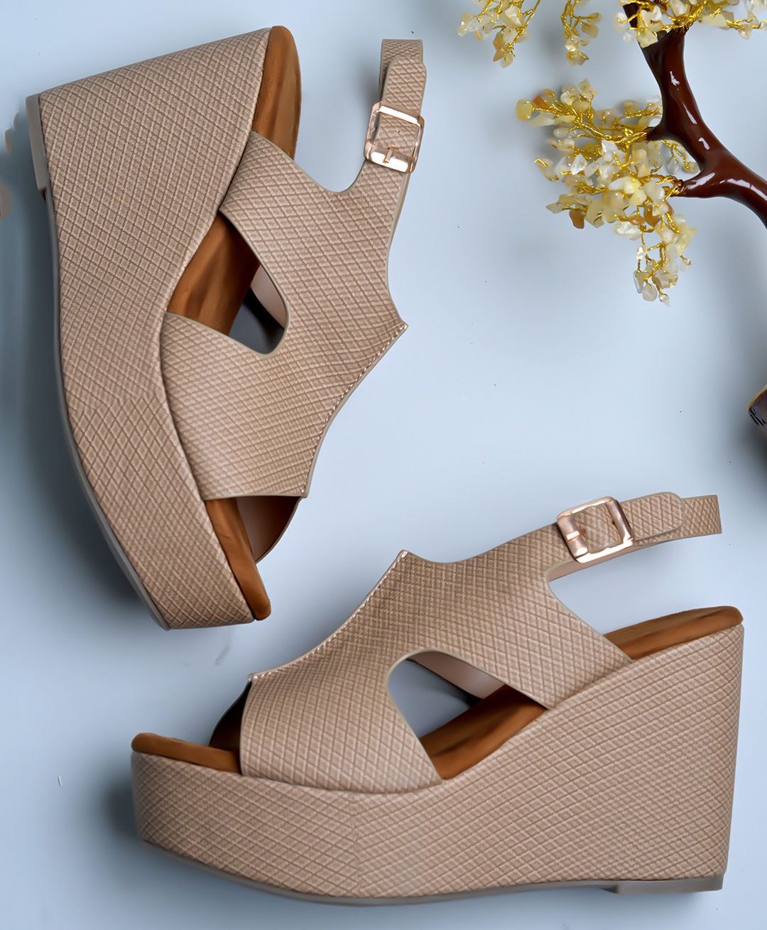 Shoetopia Ankle Strap Textured Platform Wedge Sandals - Beige-picture-23