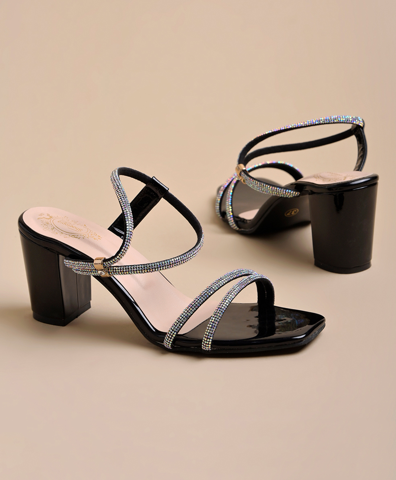 Shoetopia Rhinestones Embellished Slip On Block Heeled Sandals - Black-picture-13