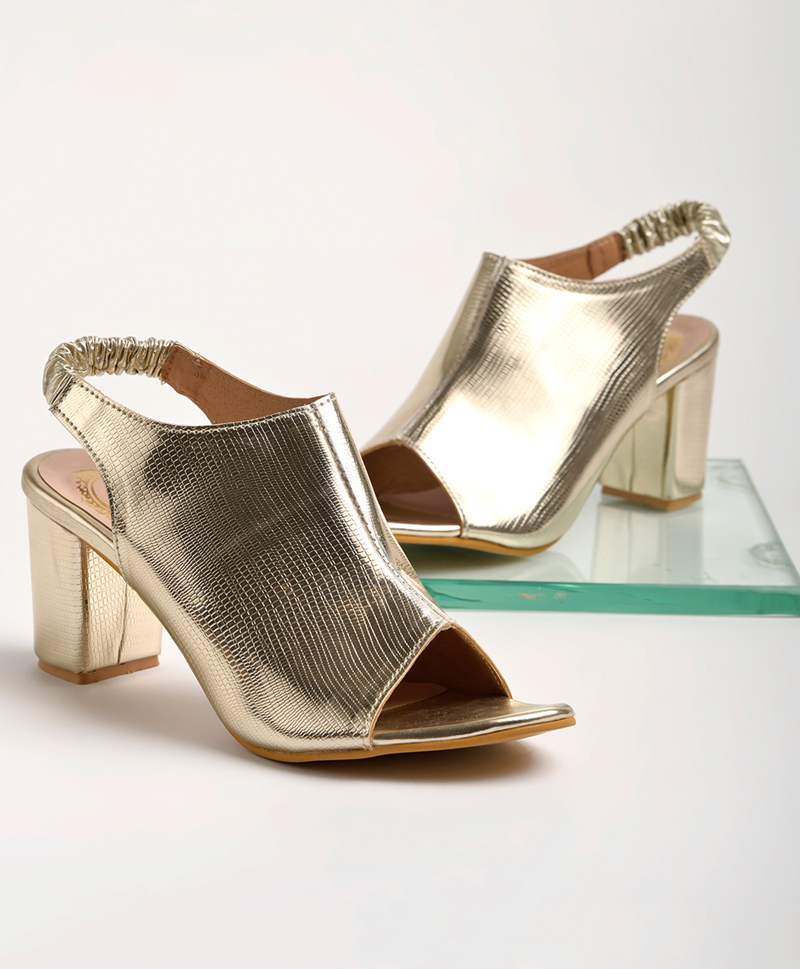 Shoetopia Metallic Slip On Blocked Heeled Sandals - Gold-picture-40