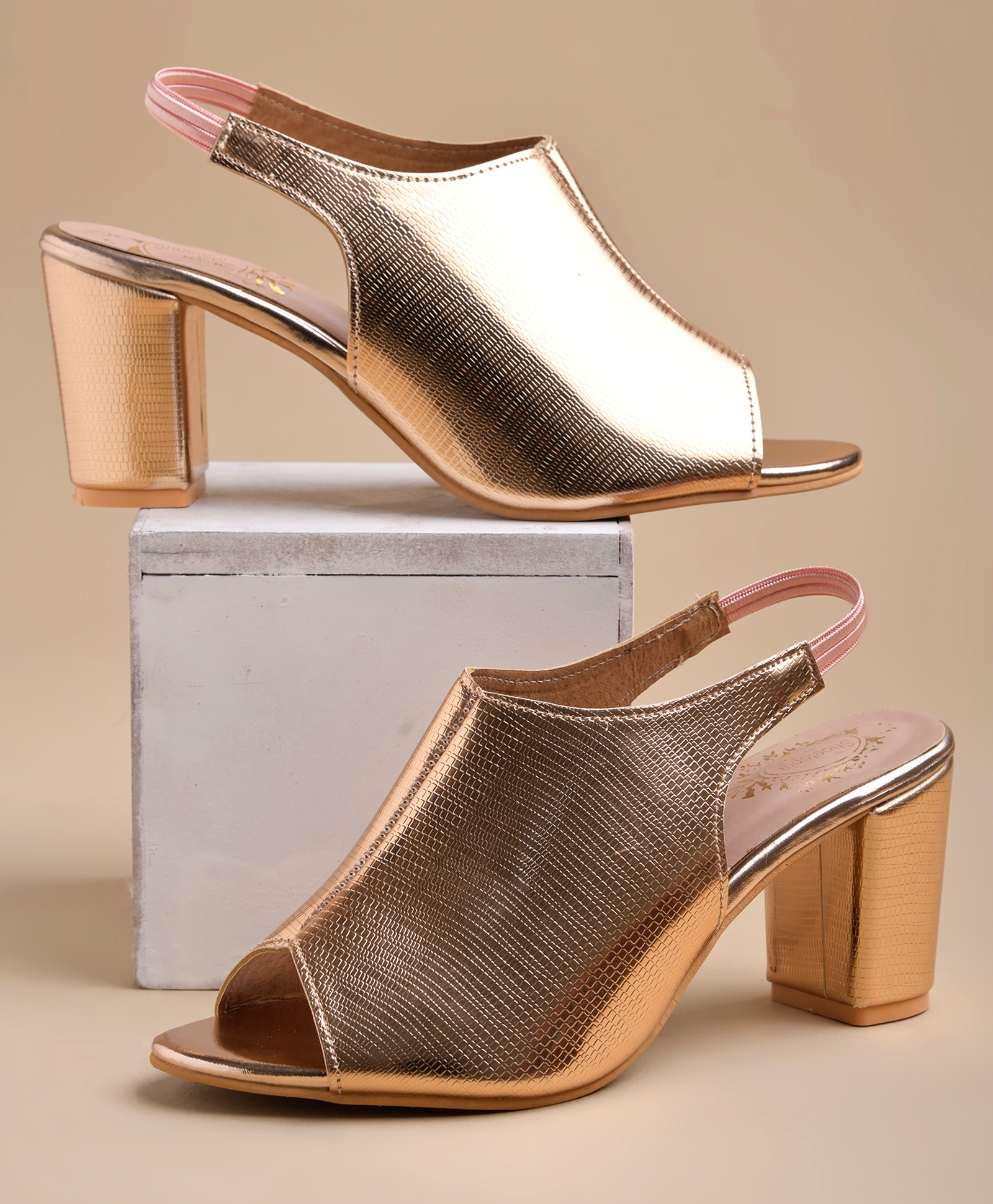 Shoetopia Metallic Slip On Blocked Heeled Sandals - Rose Gold-picture-28