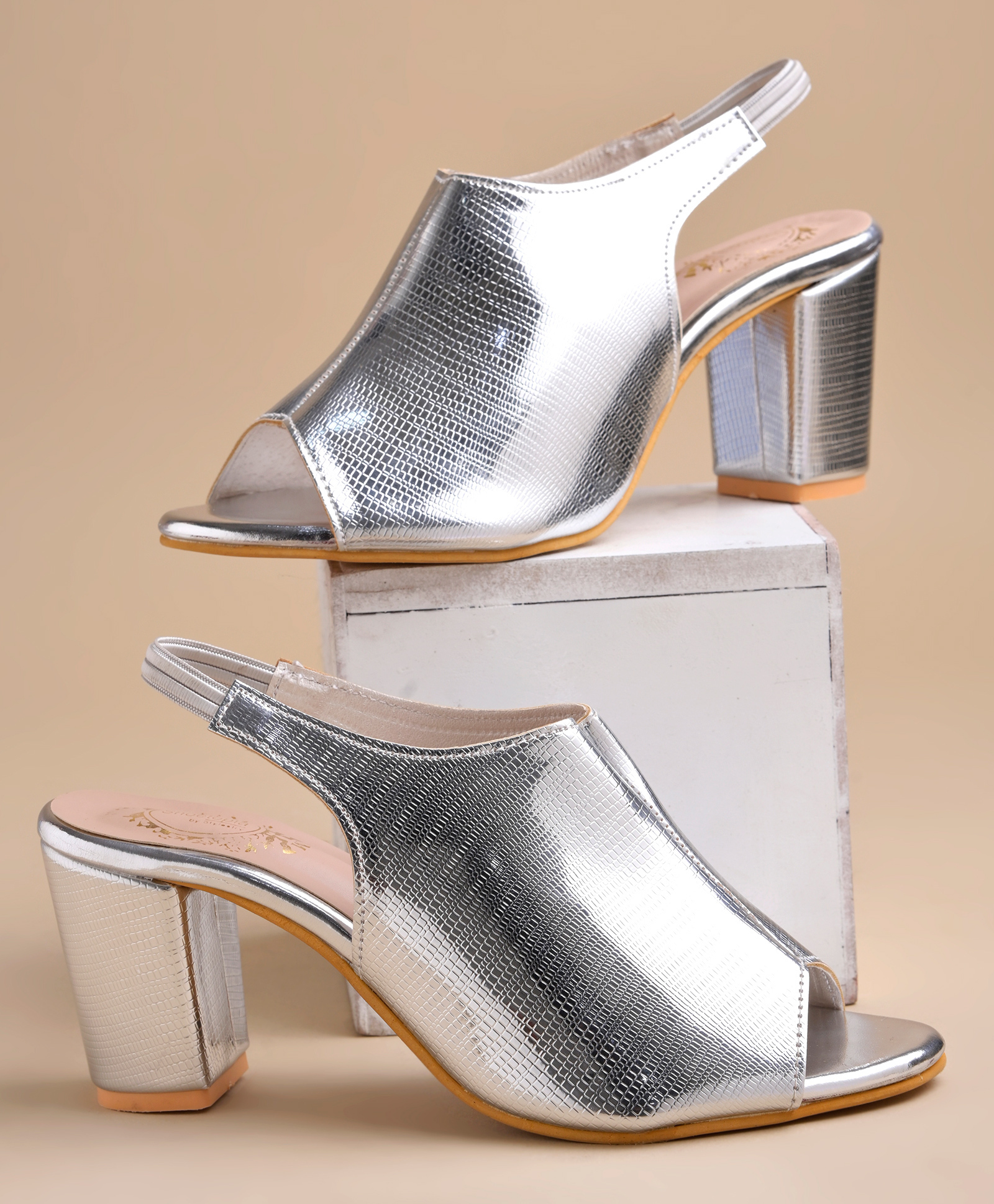Shoetopia Metallic Slip On Blocked Heeled Sandals - Silver-picture-34