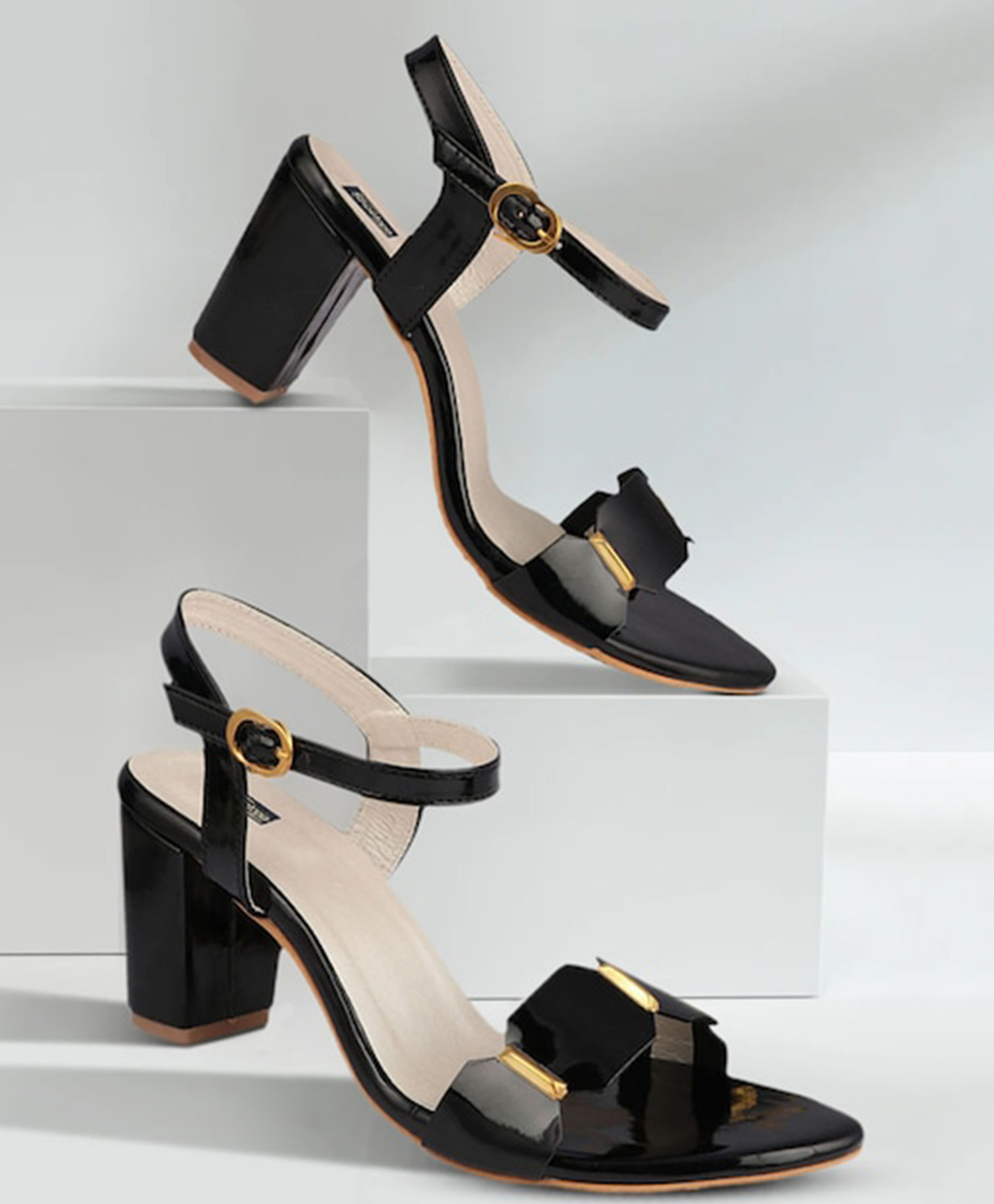 Shoetopia Geometric Designed Buckle Closure Heeled Sandals - Black-picture-17