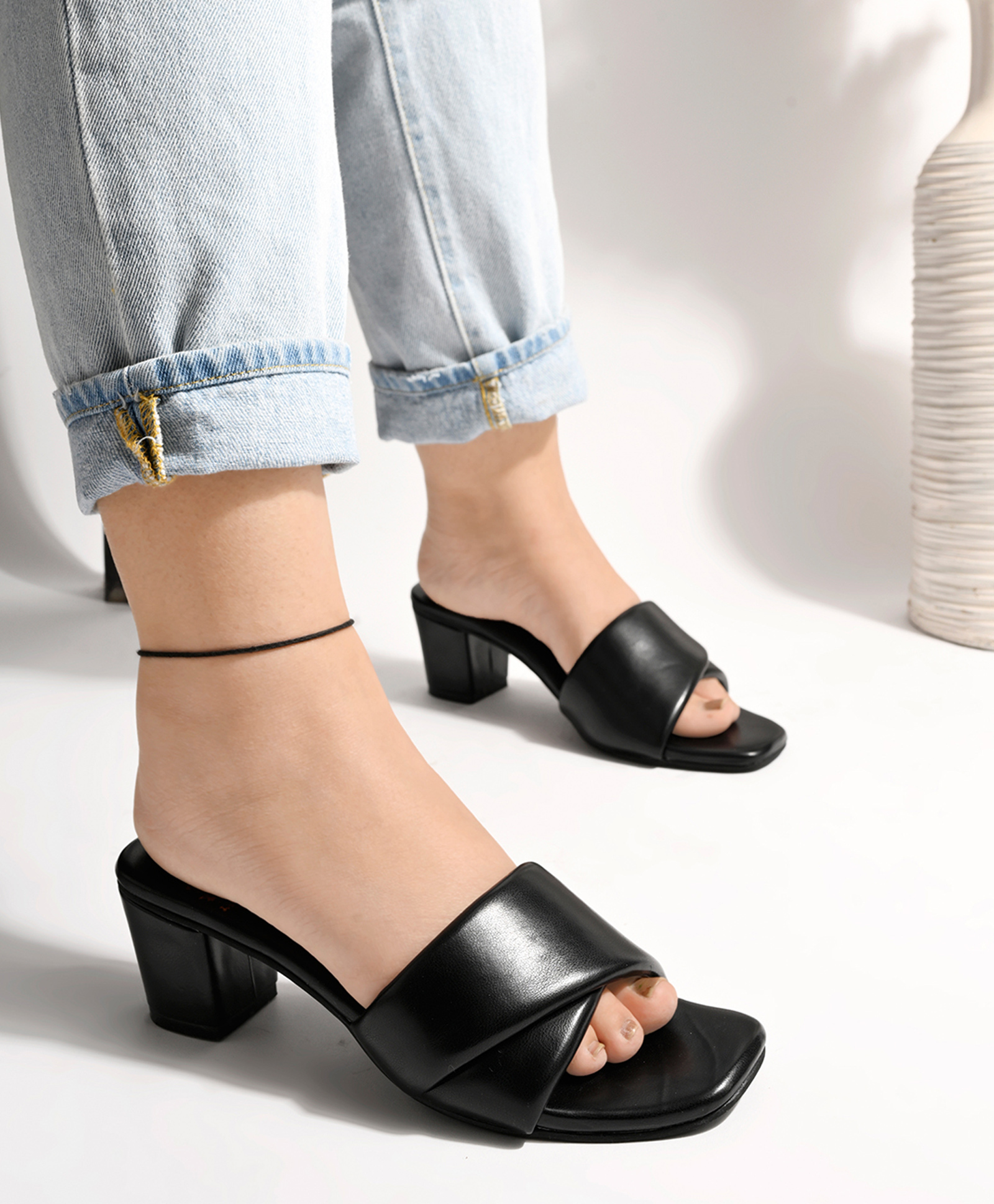 Shoetopia Solid Heeled Sandals - Black-image-46