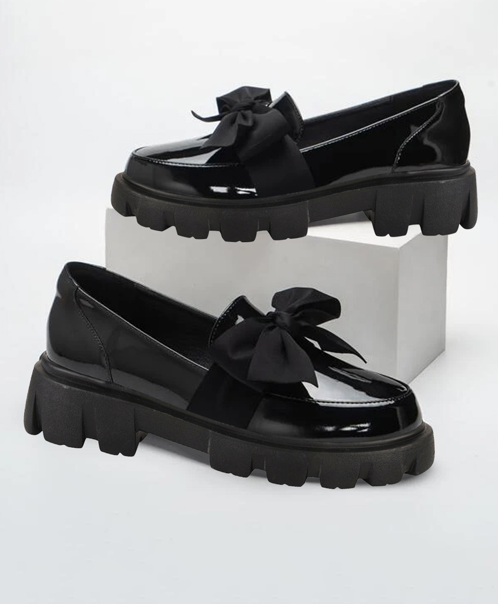 Shoetopia Bow Applique Detailed & Gloss Finish Platform Loafers - Black-picture-21