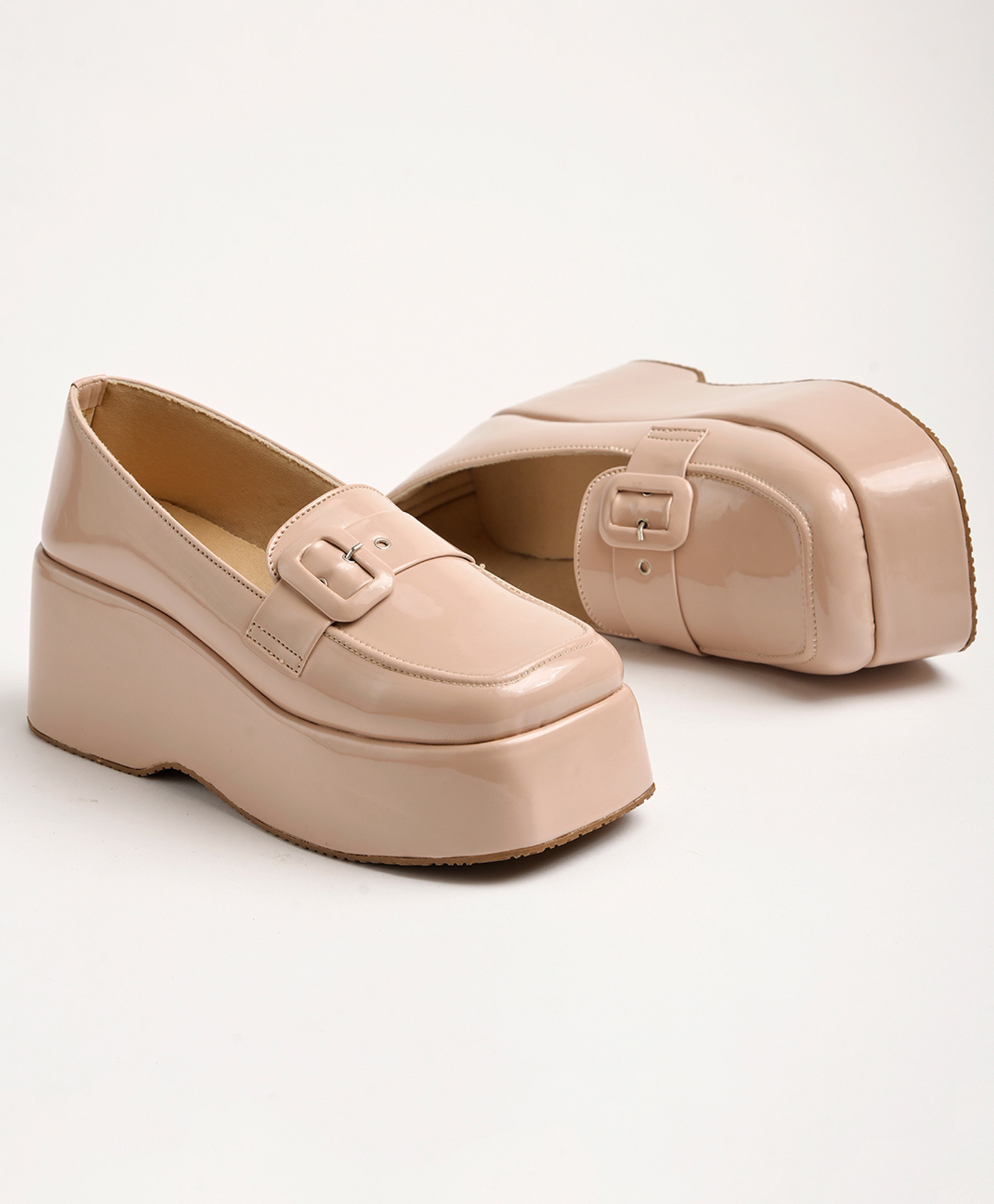 Shoetopia Glossy Finish Platform Heeled Loafers - Cream-picture-28