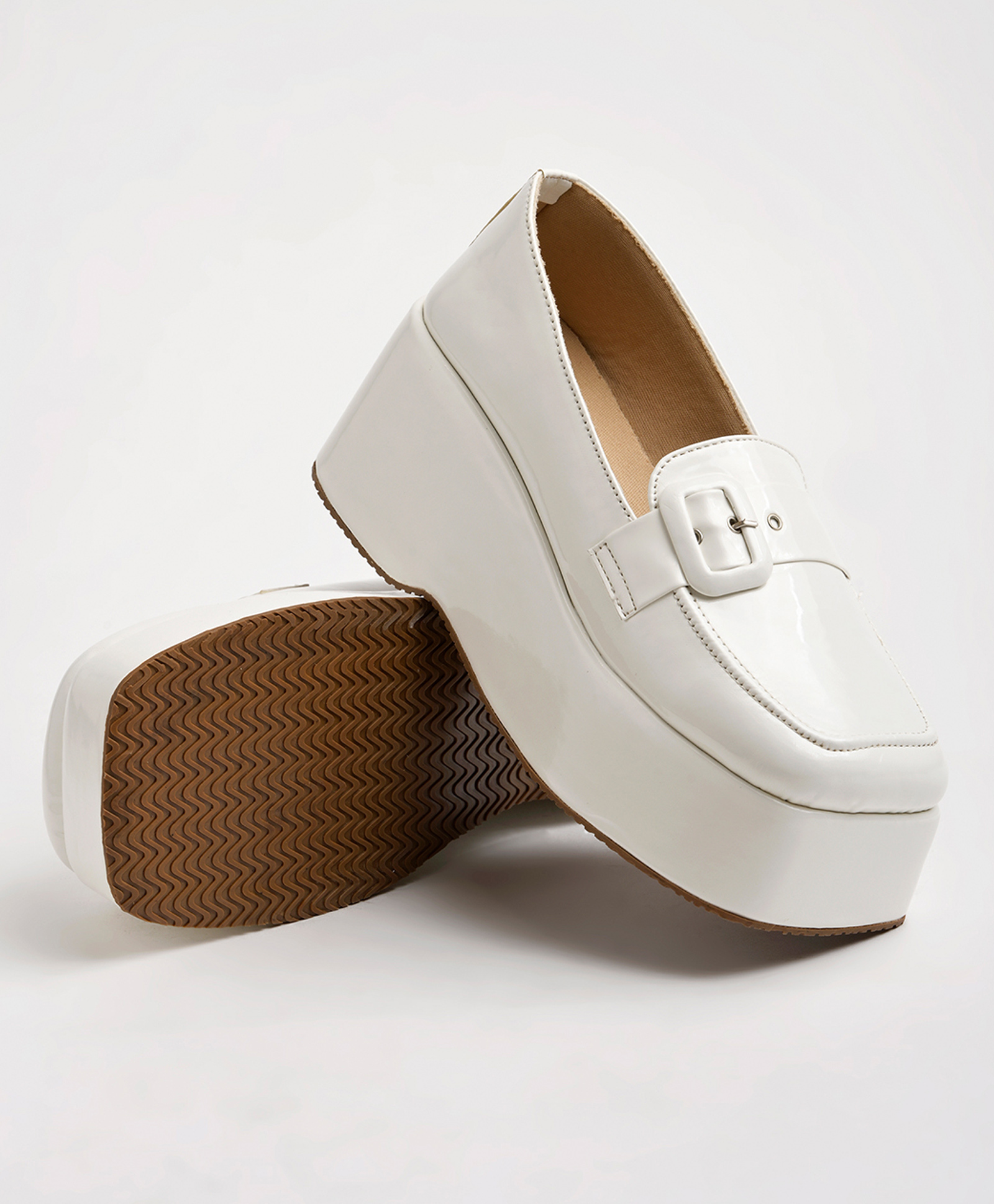 Shoetopia Glossy Finish Platform Heeled Loafers - White-image-32