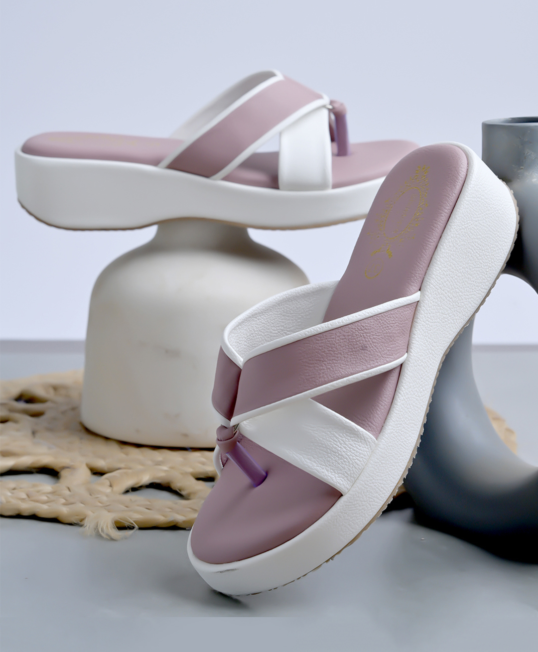Shoetopia Colour Blocked Slip On Wedge Sandals - Mauve-image-33
