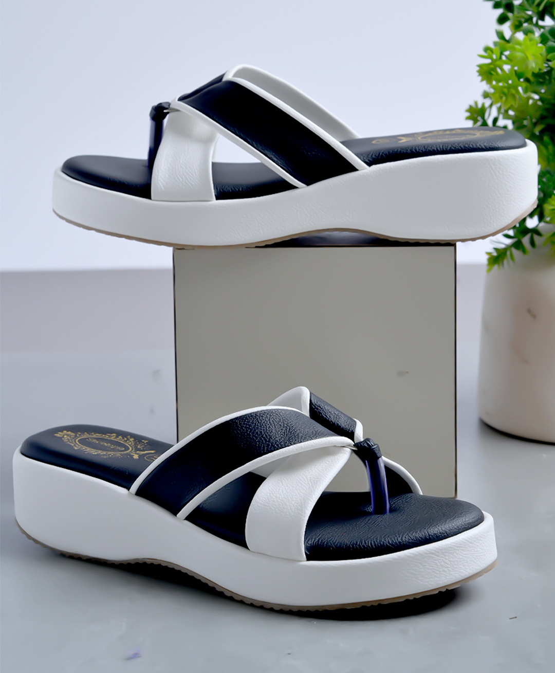 Shoetopia Colour Blocked Slip On Wedge Sandals - White-picture-26