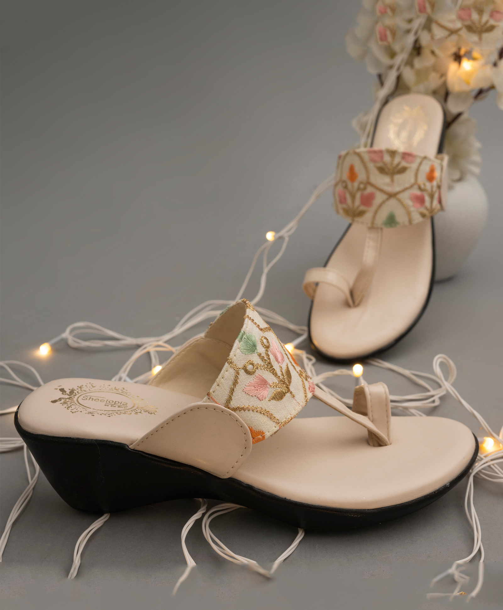Shoetopia Floral Embroidered Heeled Sandals - Cream-image-34
