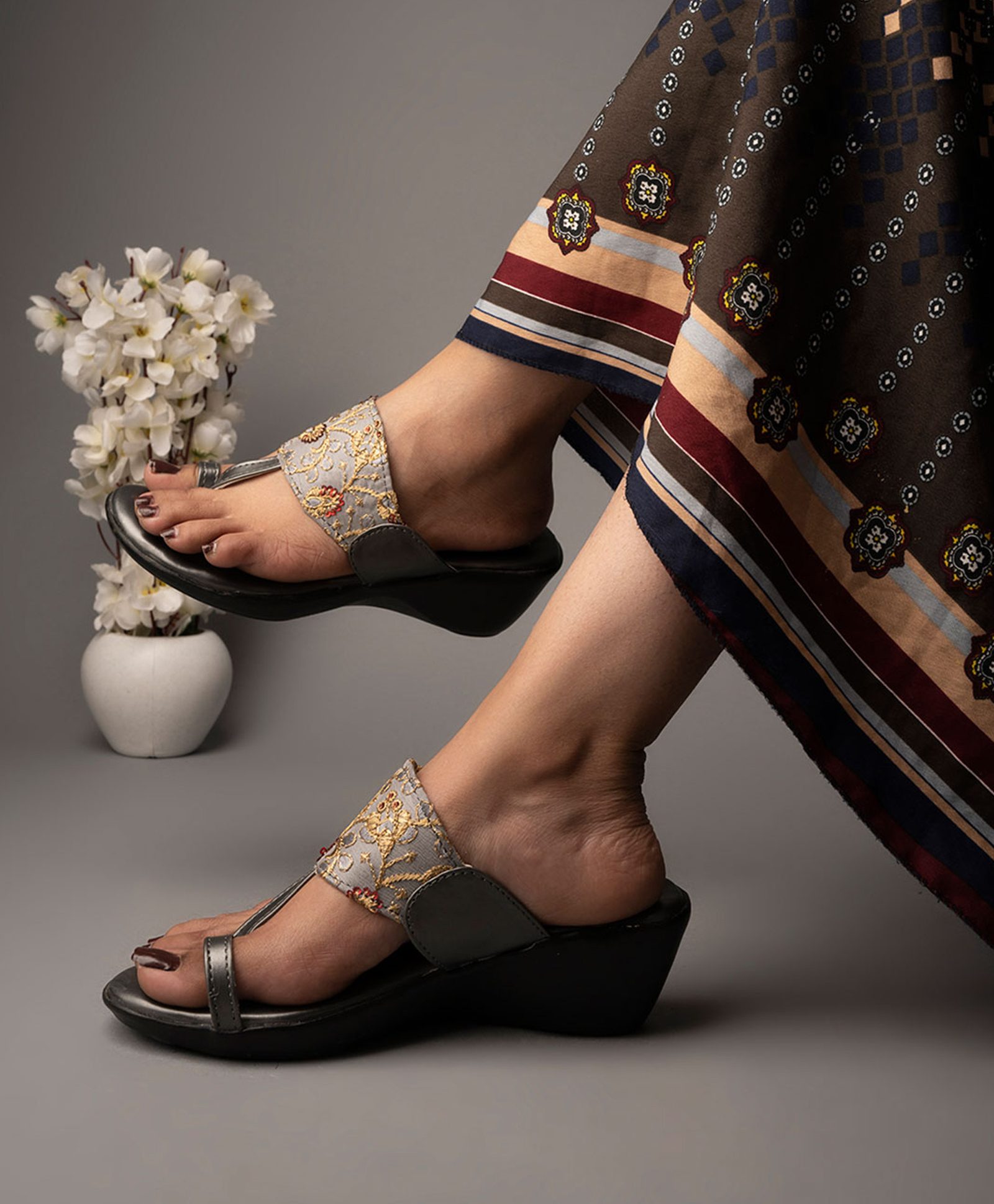 Shoetopia Floral Embroidered Heeled Sandals - Grey-picture-23