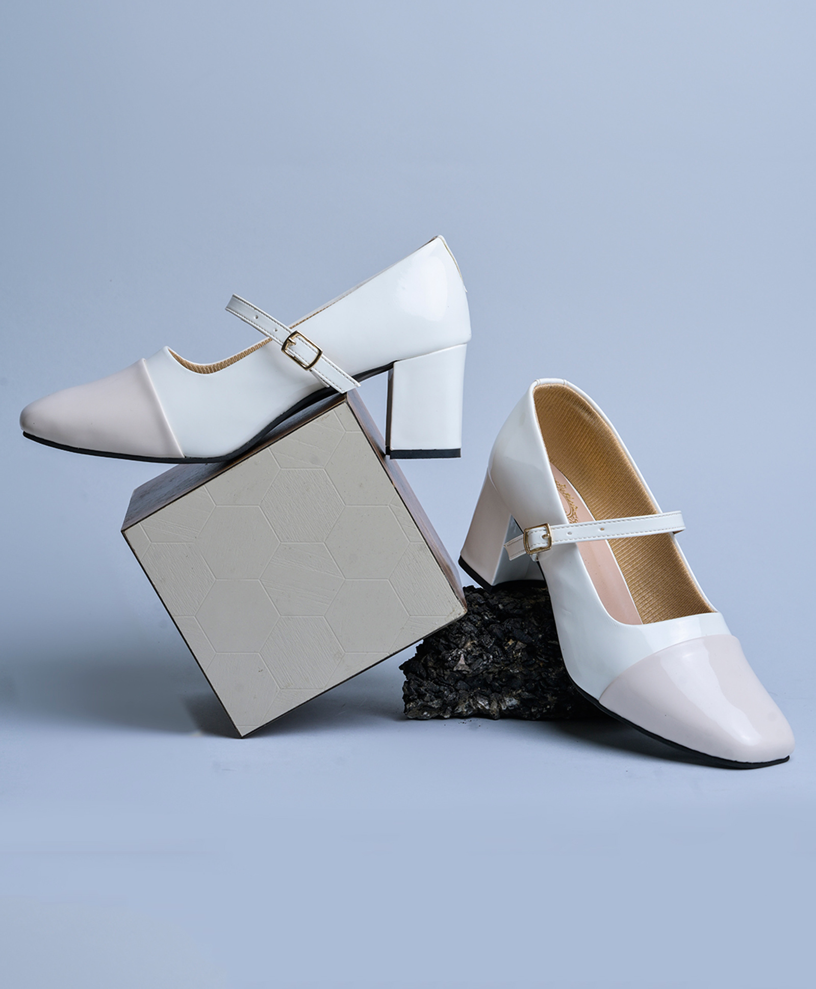 Shoetopia Colour Blocked Mary Jane Heeled Ballerinas - Cream-image-35