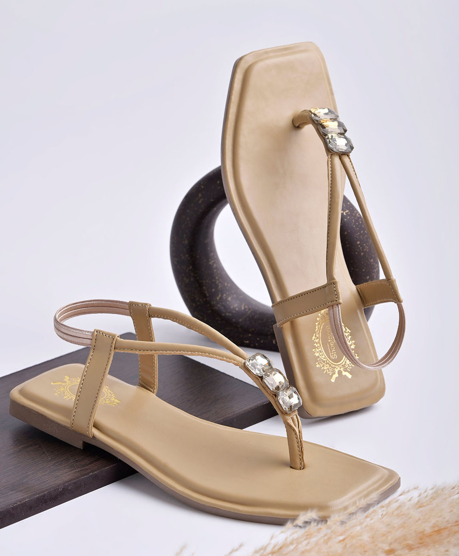 Shoetopia Stone Embellished Square Toe Sandals - Beige-picture-18