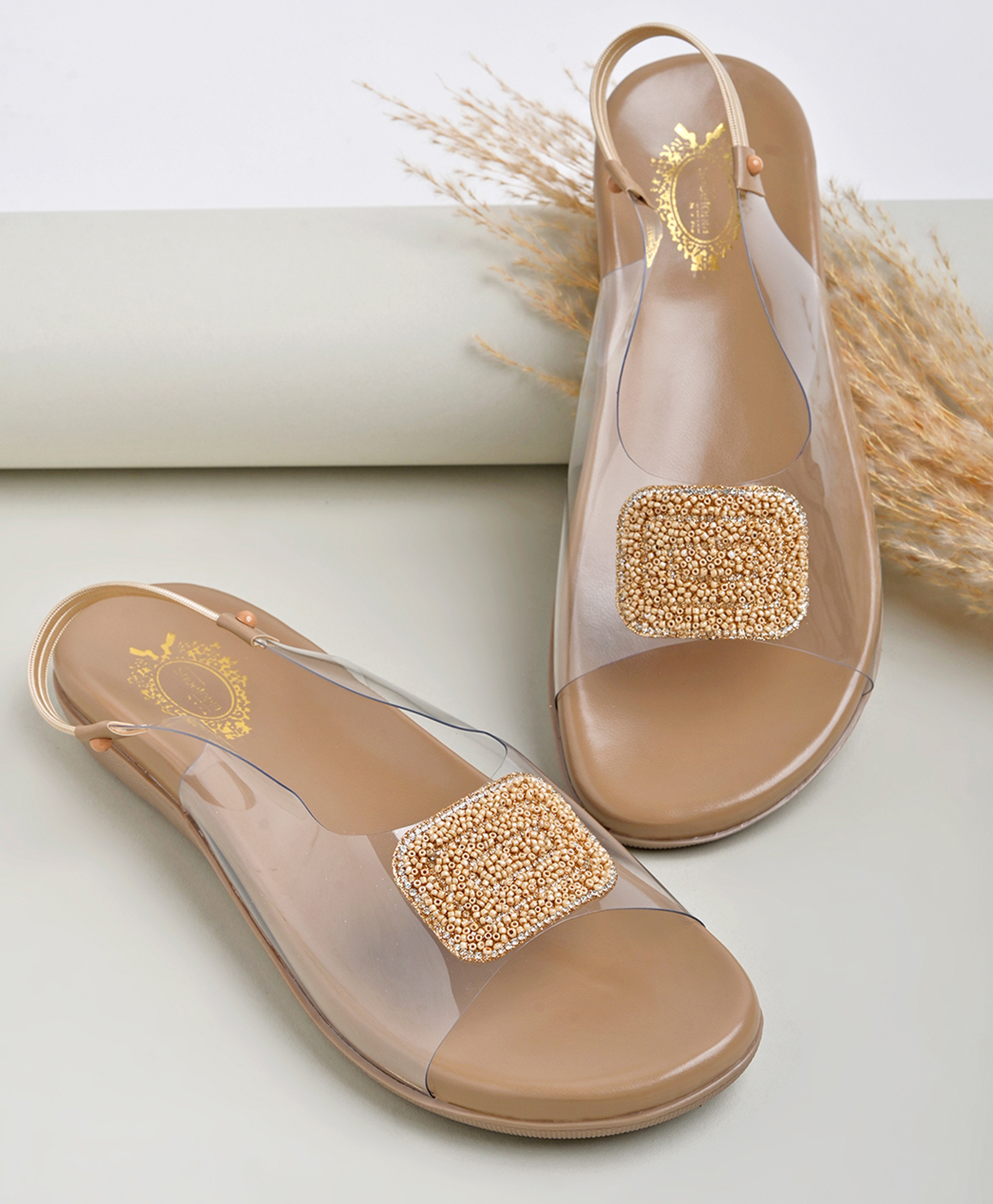 Shoetopia Beads Embellished Transparent Strap Sandals - Beige-picture-18