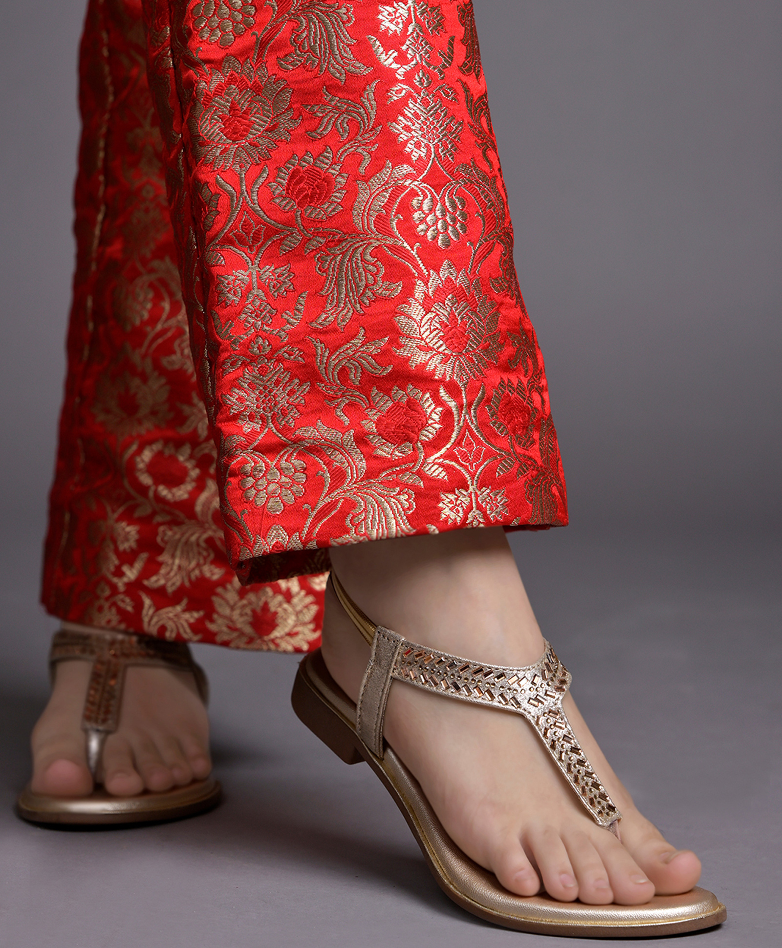 Shoetopia Stone Embellished Metallic Flat Sandal - Golden-picture-12