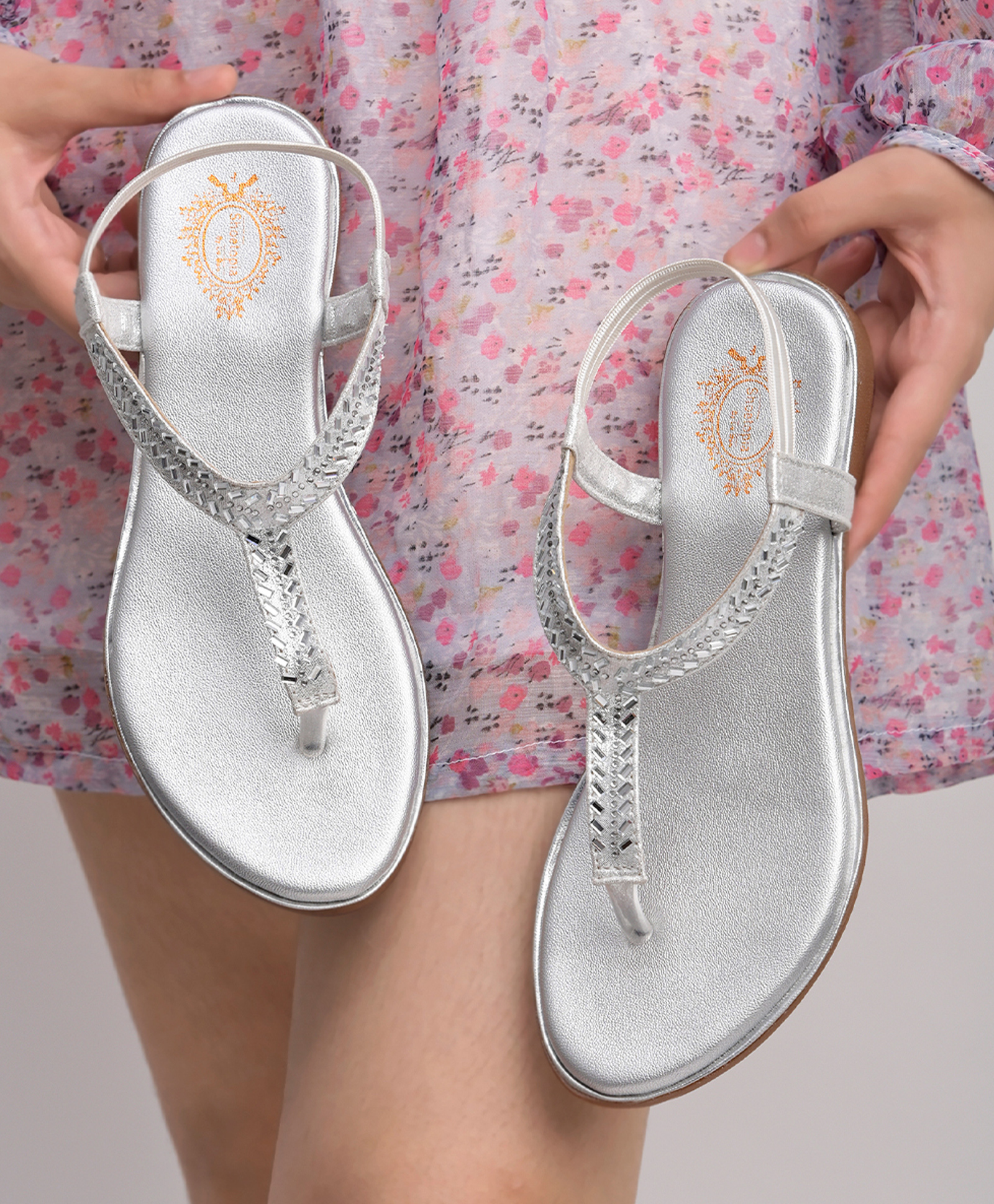 Shoetopia Stone Embellished Metallic Flat Sandals - Silver-picture-21