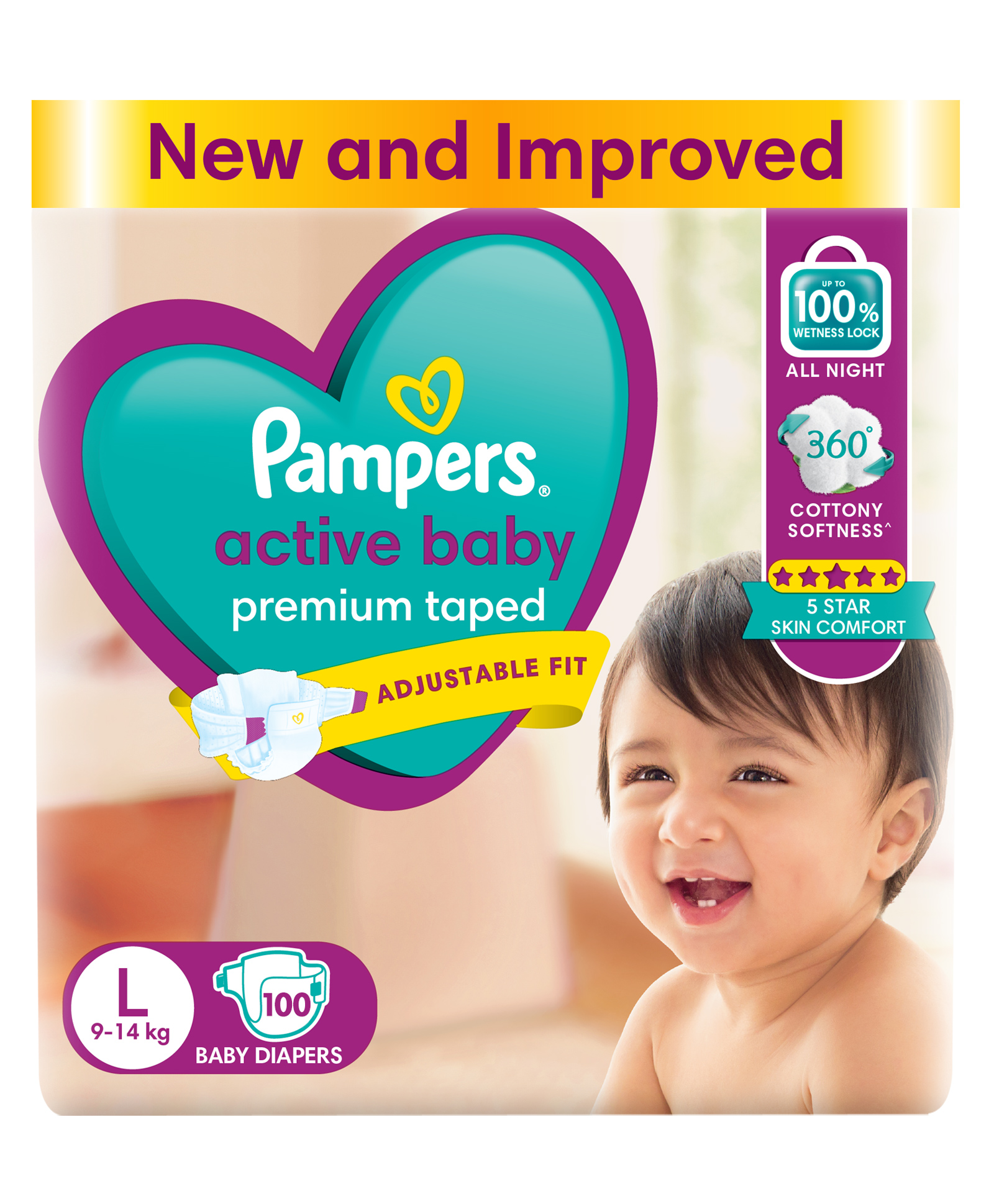 Pampers Active baby Tape Style Baby Diapers Large Size | Adjustable Fit with 5 Star Skin Protection Diapers - 100 Pieces