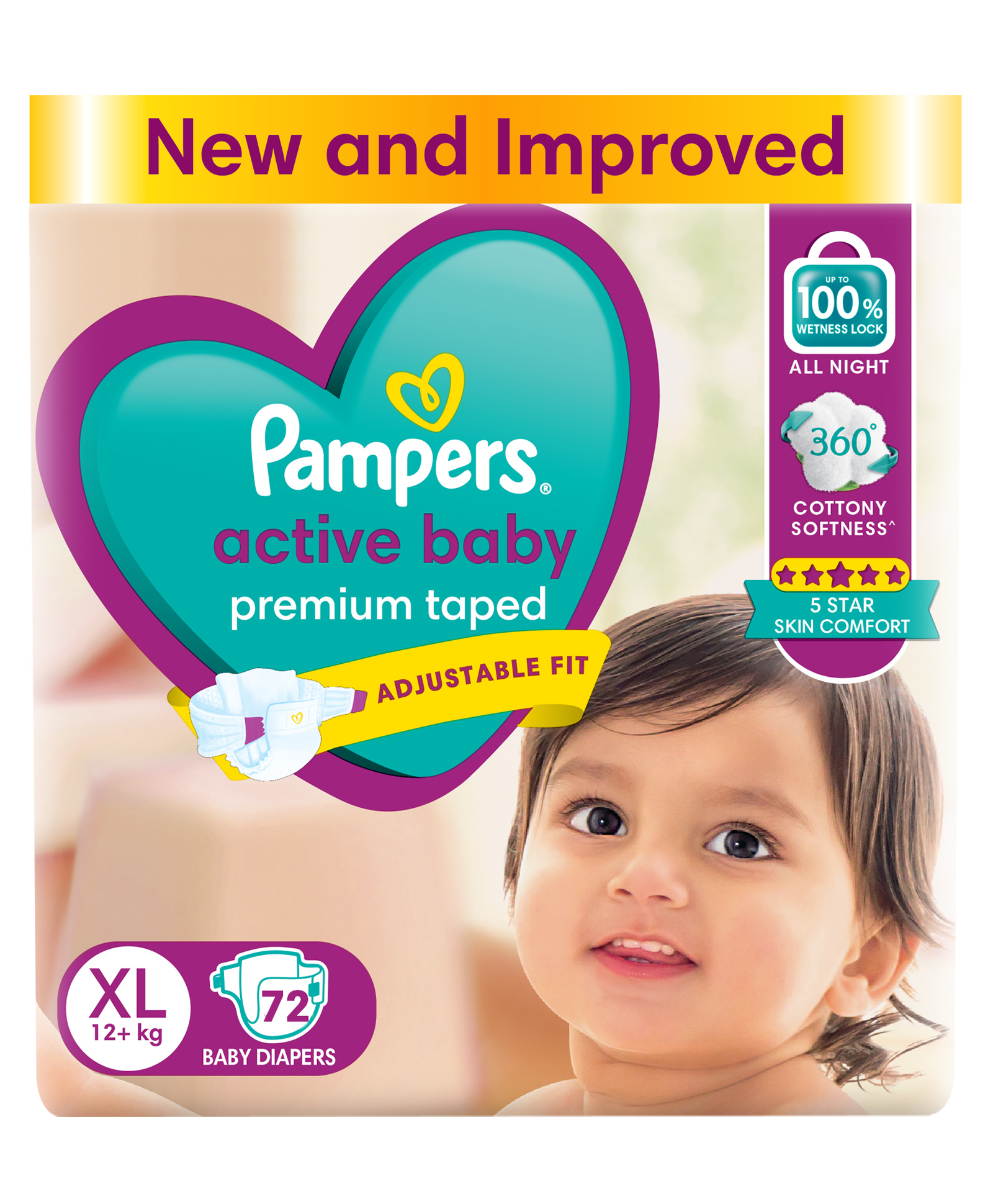 Pampers Active baby Tape Style Baby Diapers Extra Large XL 72 Count 12+ kg Adjustable Fit with 5 Star Skin Protection Diapers