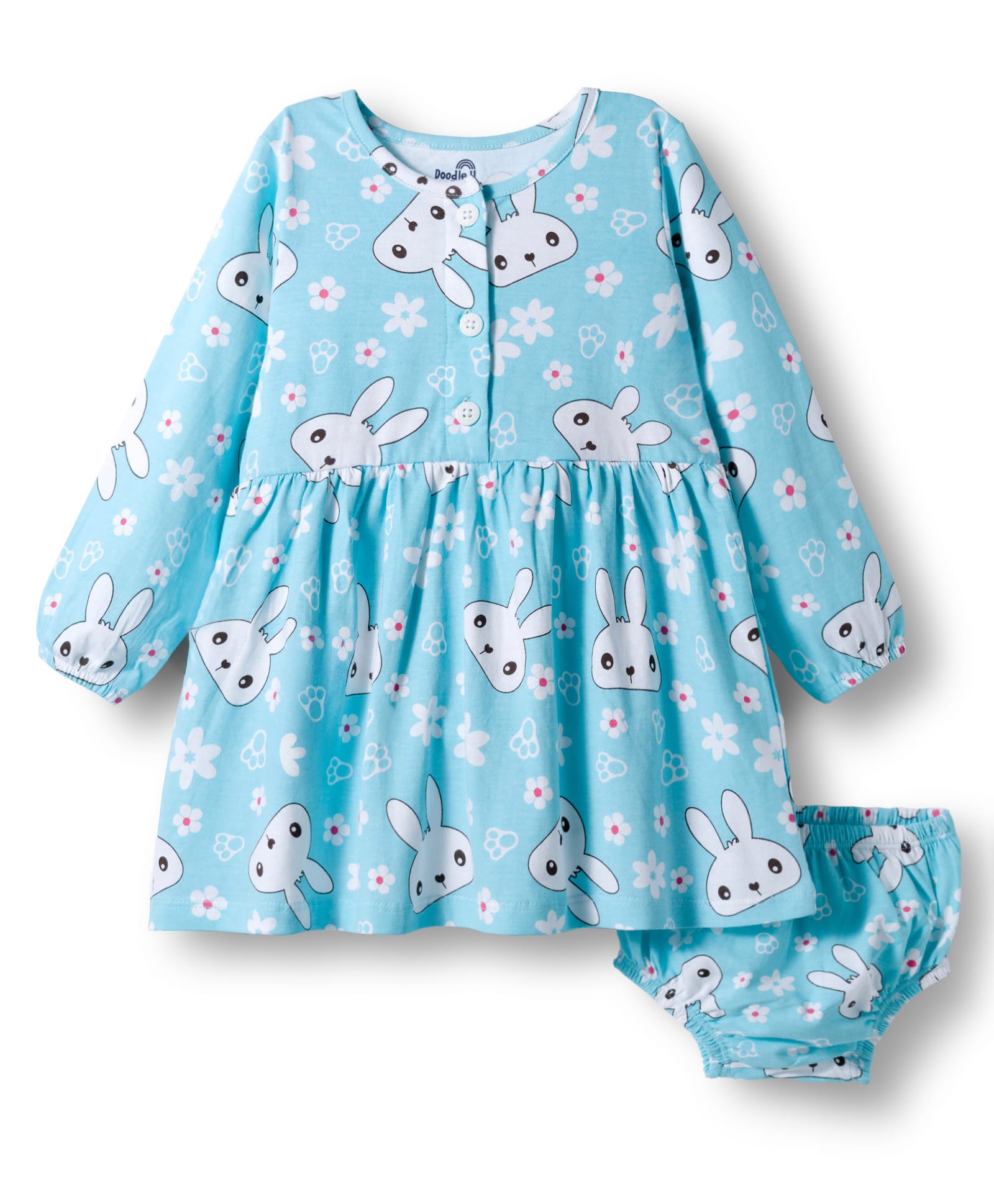 Doodle Poodle 100% Cotton Knit Full Sleeves Frock With Bunny & Floral Print & Bloomer - Turquoise-image-6