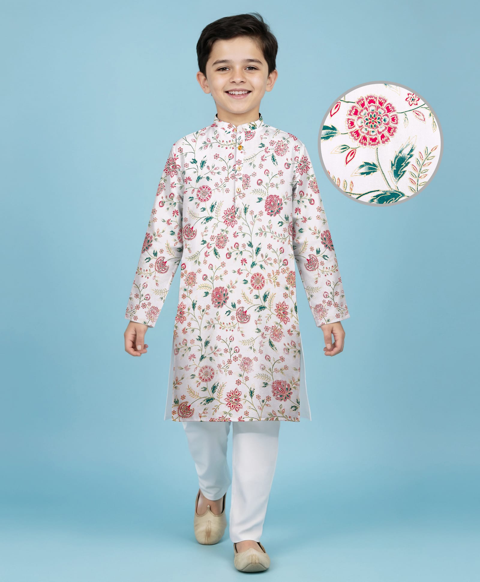 EARTHY TOUCH Woven Full Sleeves Kurta Pajama Set with Floral Glitter Print - Off White-picture-10