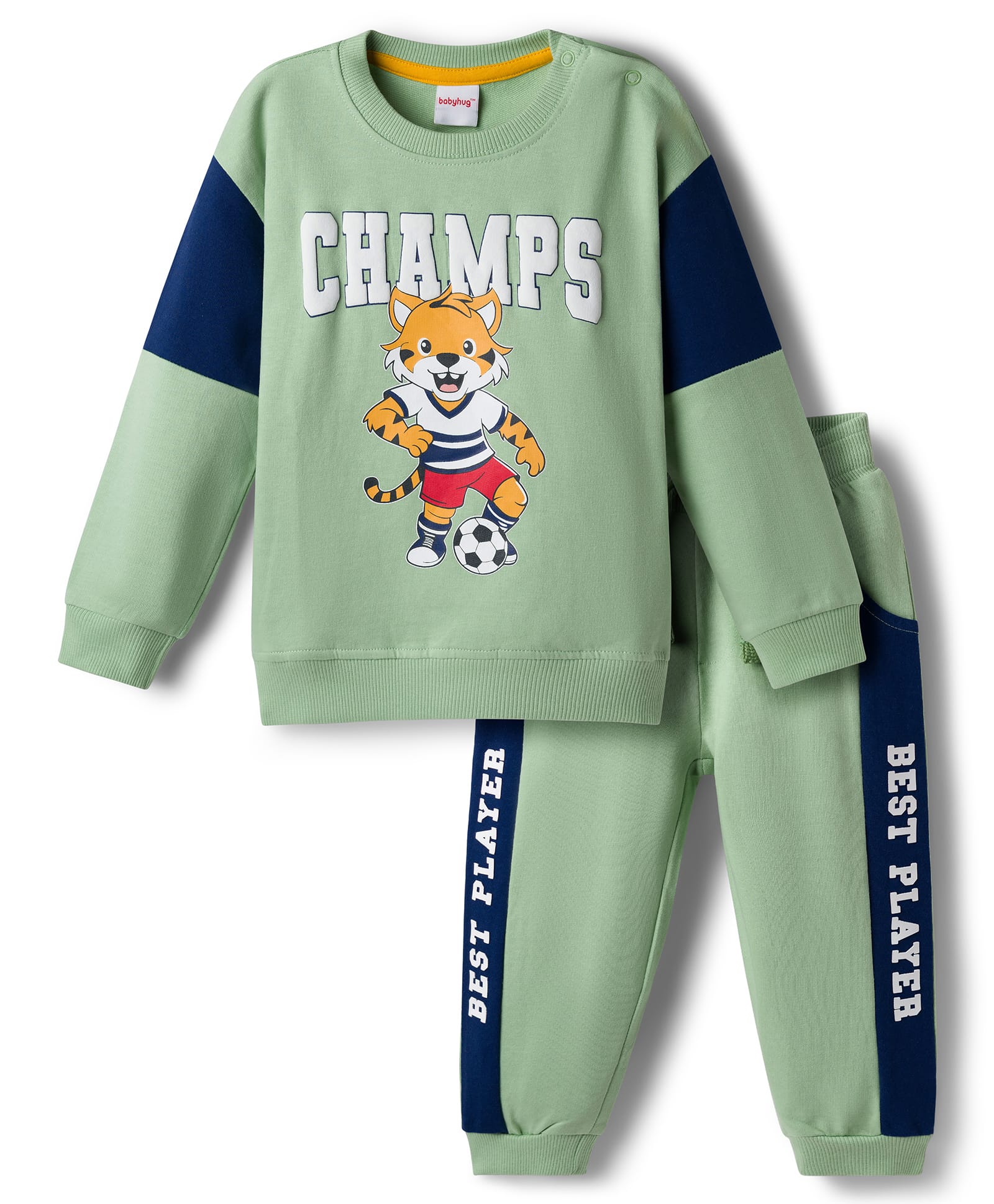 Babyhug Terry Knit Full Sleeves Cut & Sew Text & Animal Print Sweatshirt & Joggers Set - Green-image-9