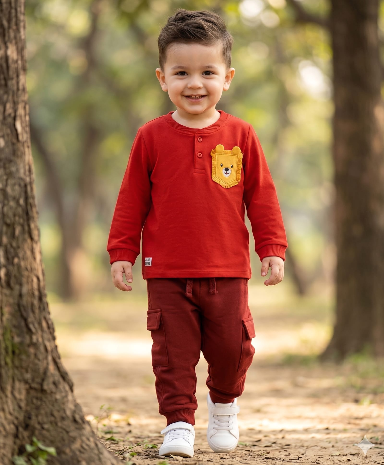 Babyhug Terry Knit Full Sleeves T-Shirt & Trouser Set With Animal Patch - Red-picture-21