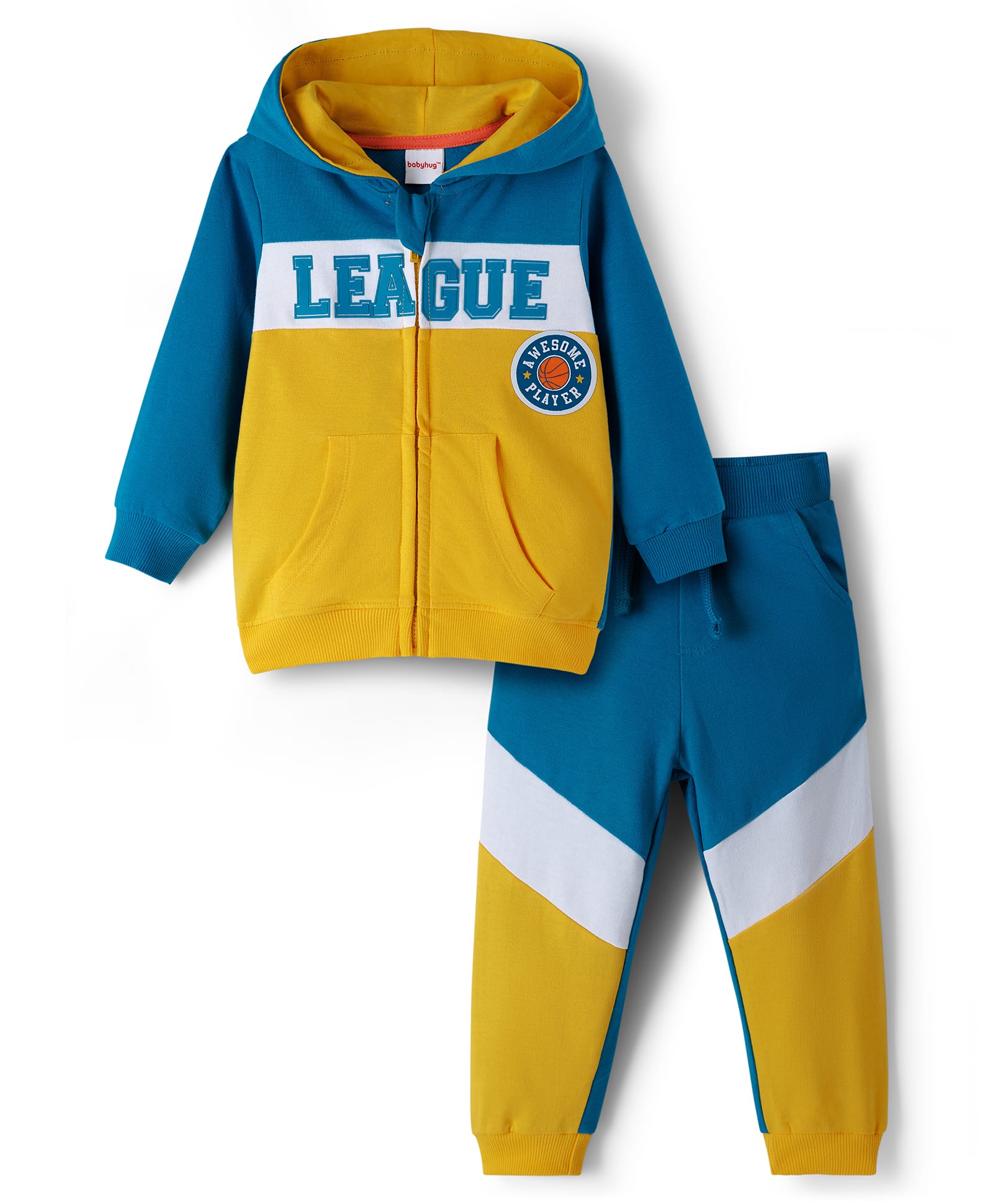 Babyhug Terry Knit Full Sleeves Cut & Sew Hooded T-Shirt & Lounge Pant with League Print - Multicolor-image-4