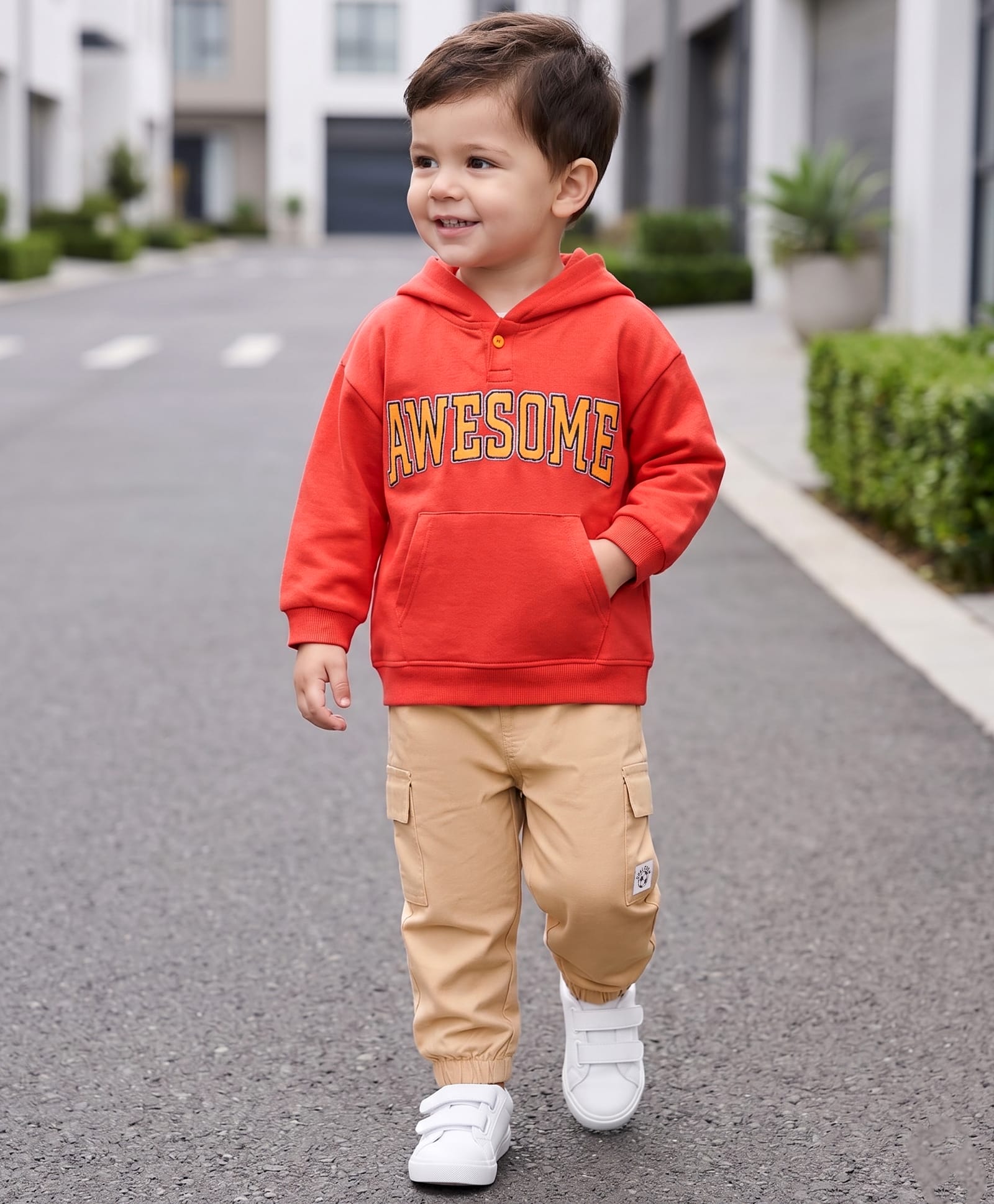 Babyhug Terry Knit Full Sleeves Awesome Text Printed Hooded Sweatshirt & Trouser Set - Rust Orange-image-42