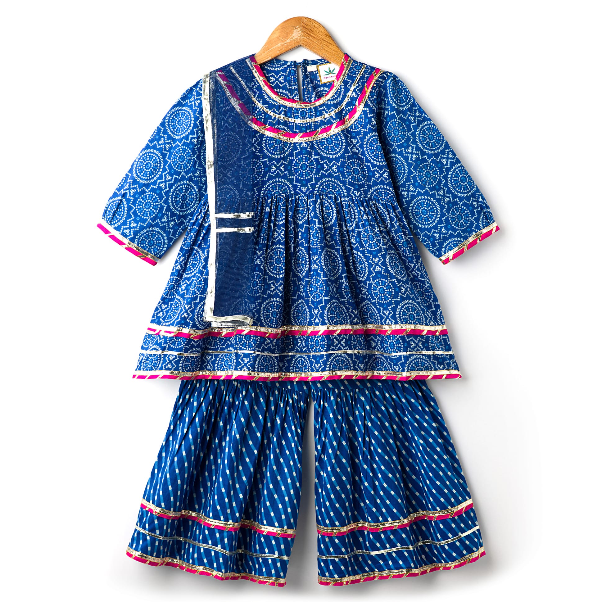 TEENTAARE Cotton Woven Three Fourth Sleeves Kurta Sharara & Dupatta Set With Bandhani Print - Blue-image-4