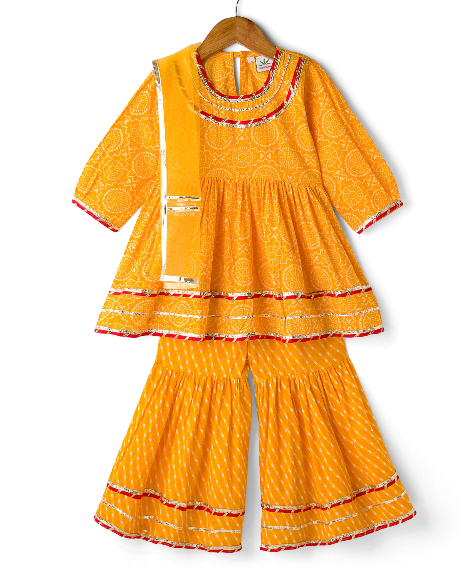 TEENTAARE Cotton Woven Three Fourth Sleeves Kurta Sharara & Dupatta Set With Bandhani Print - Orange-image-44