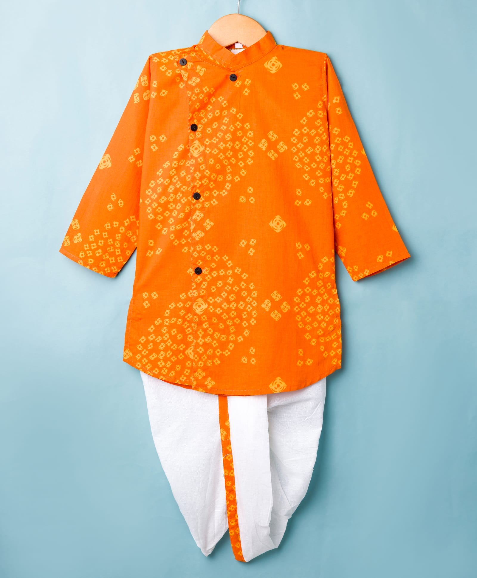 TEENTAARE Cotton Woven Full Sleeves Bandhani Printed Kurta Dhoti Set - Orange-image-34