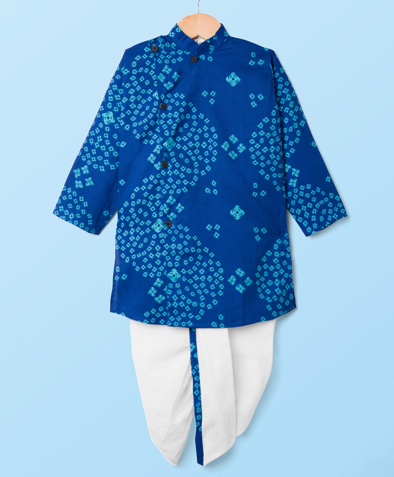 Teentaare Cotton Woven Full Sleeves Kurta Dhoti Set with Bandhani Print - Blue-image-23