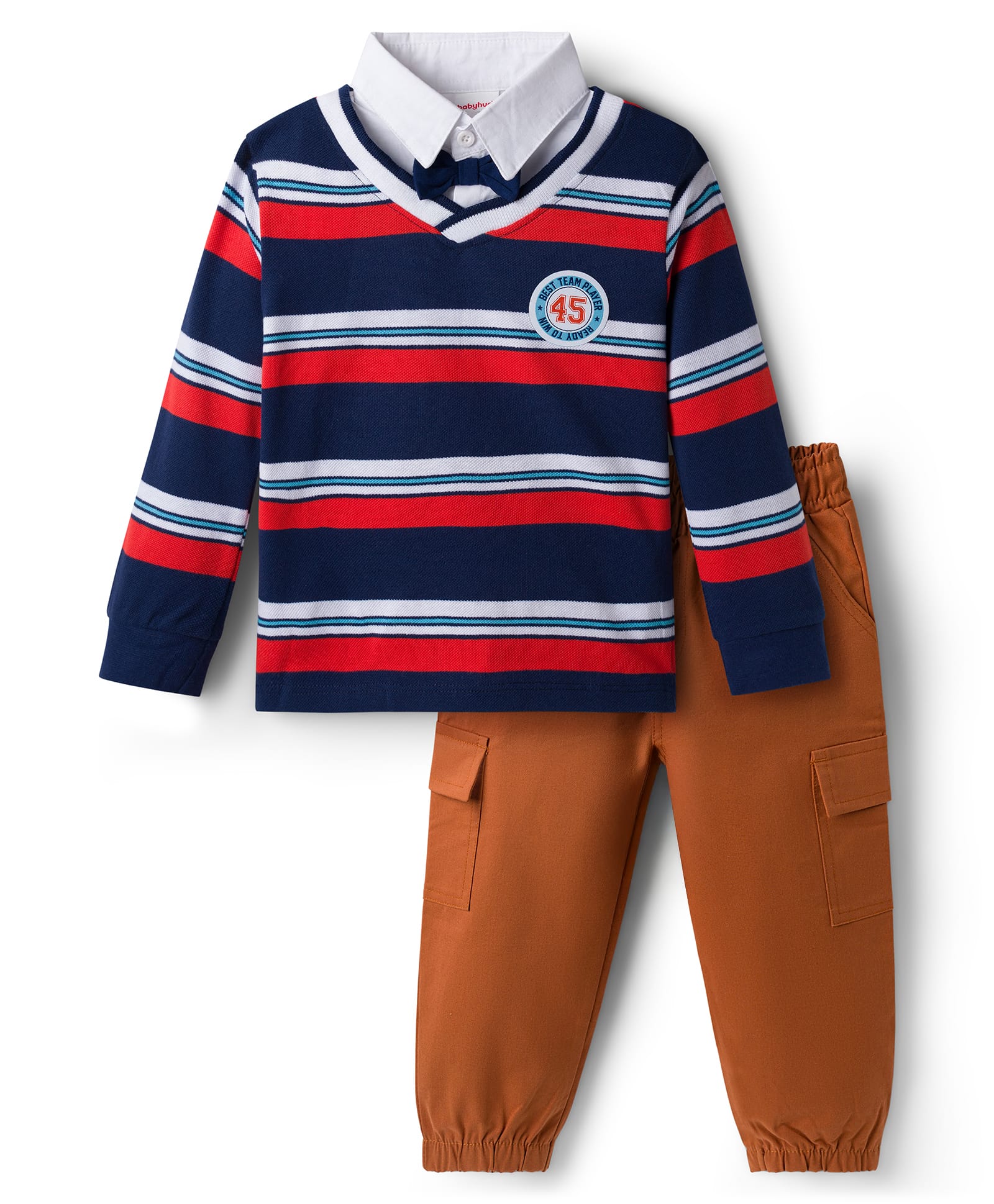 Babyhug Terry Knit Full Sleeves Striped T-Shirt & Trouser Set with Patch - Navy Blue & Beige-image-32