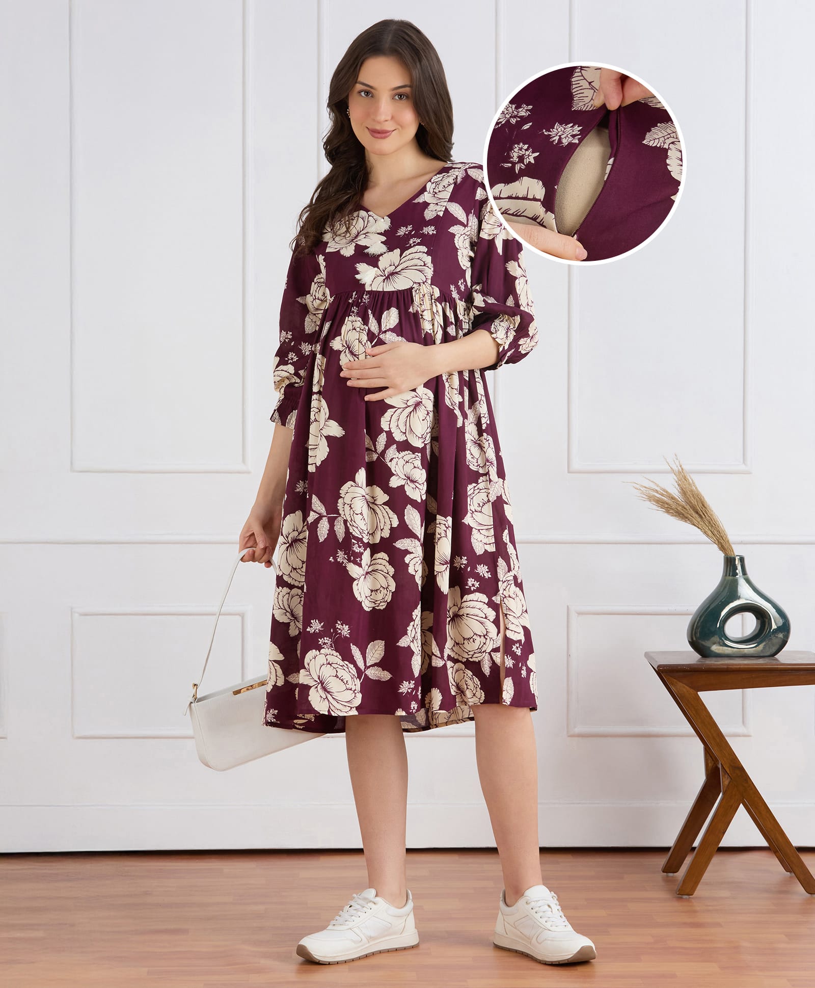 Bella Mama Woven Three Fourth Sleeves Maternity Dress With Big Floral Print - Wine