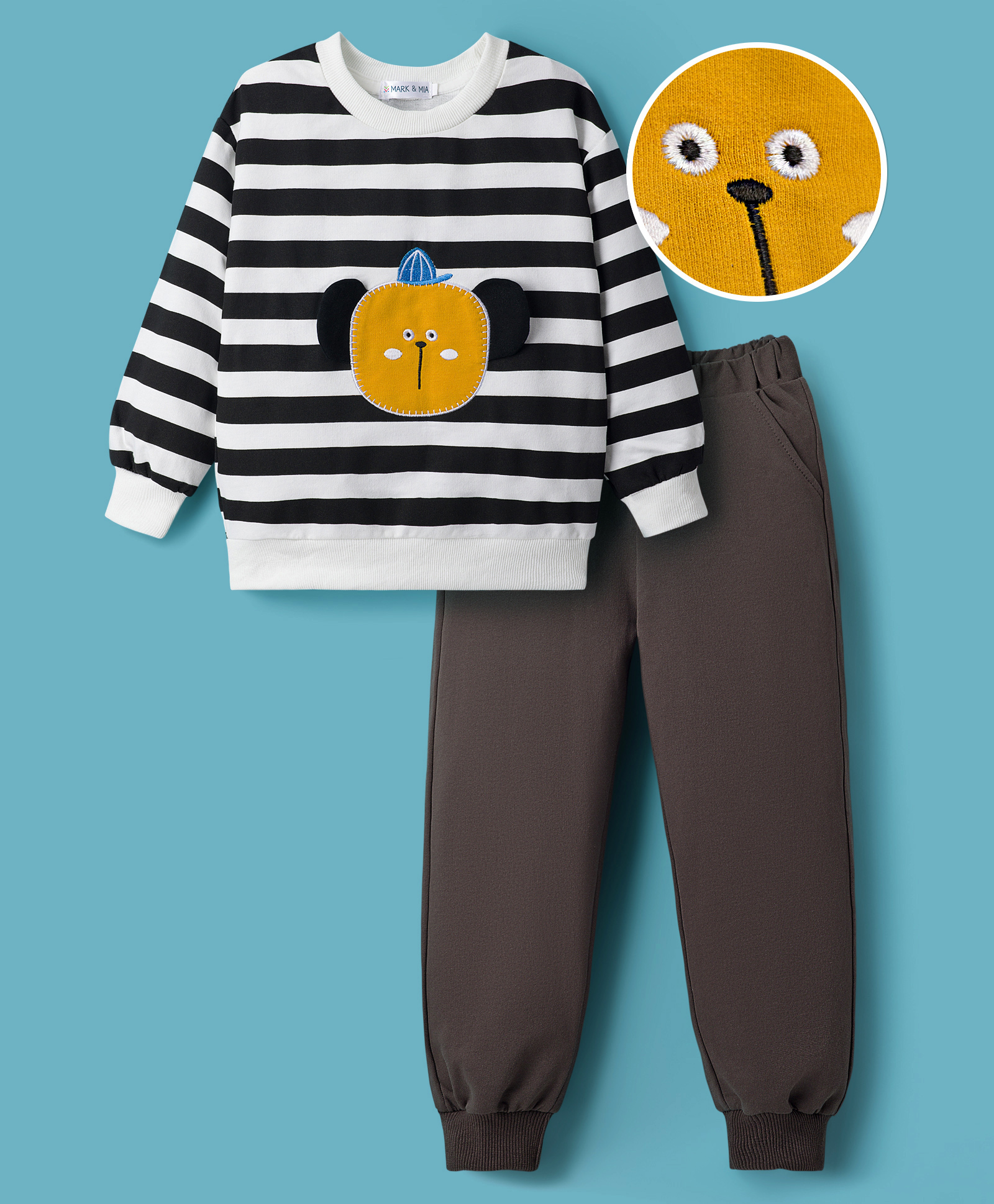 Mark & Mia Cotton Full Sleeves Striped Winter Wear Suit with Patch Detailing - White & Black-image-47