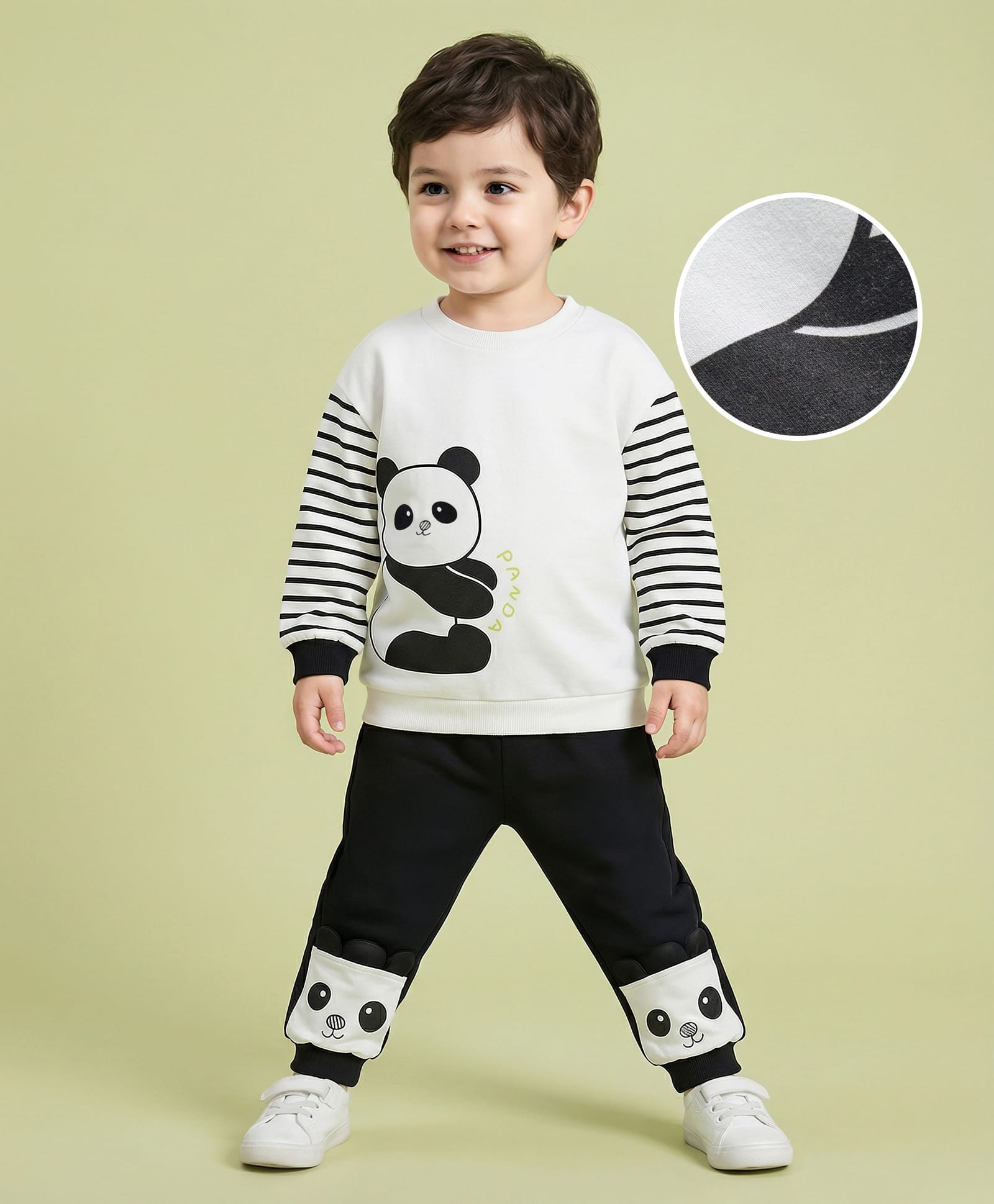 Mark & Mia Full Sleeves Winter Wear T-Shirt & Joggers Set With Stripes & Panda Print - White & Black