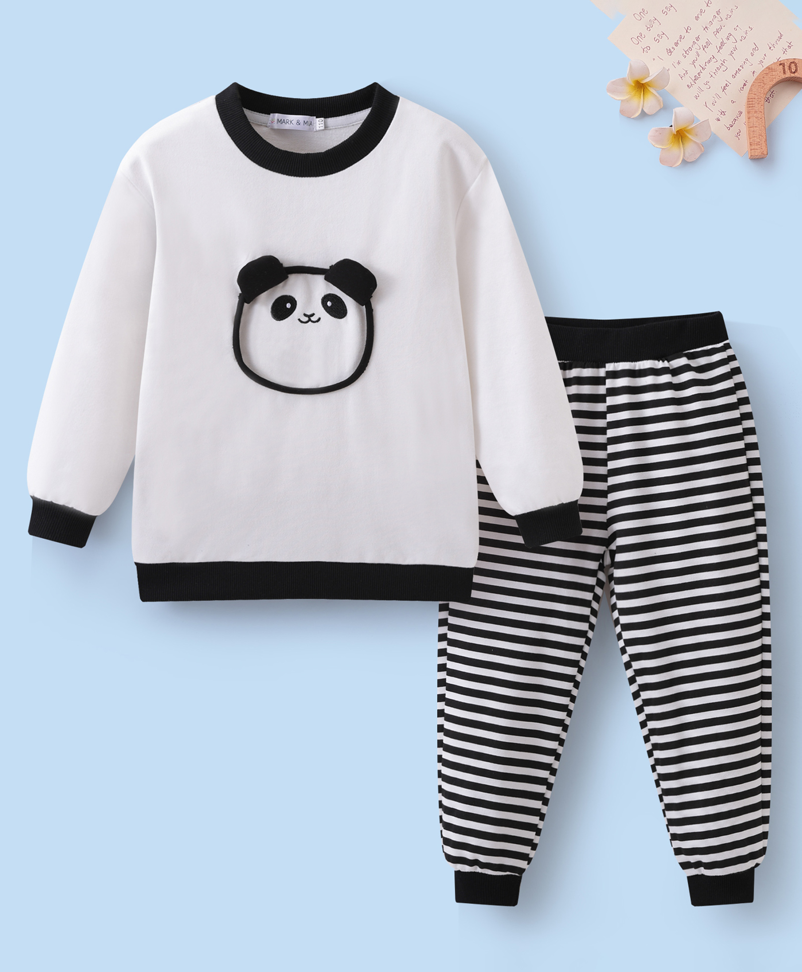 Mark & Mia Cotton Knit Full Sleeves Winter Wear T-Shirt & Joggers Set With Stripes & Animal Applique - Black & White-picture-28